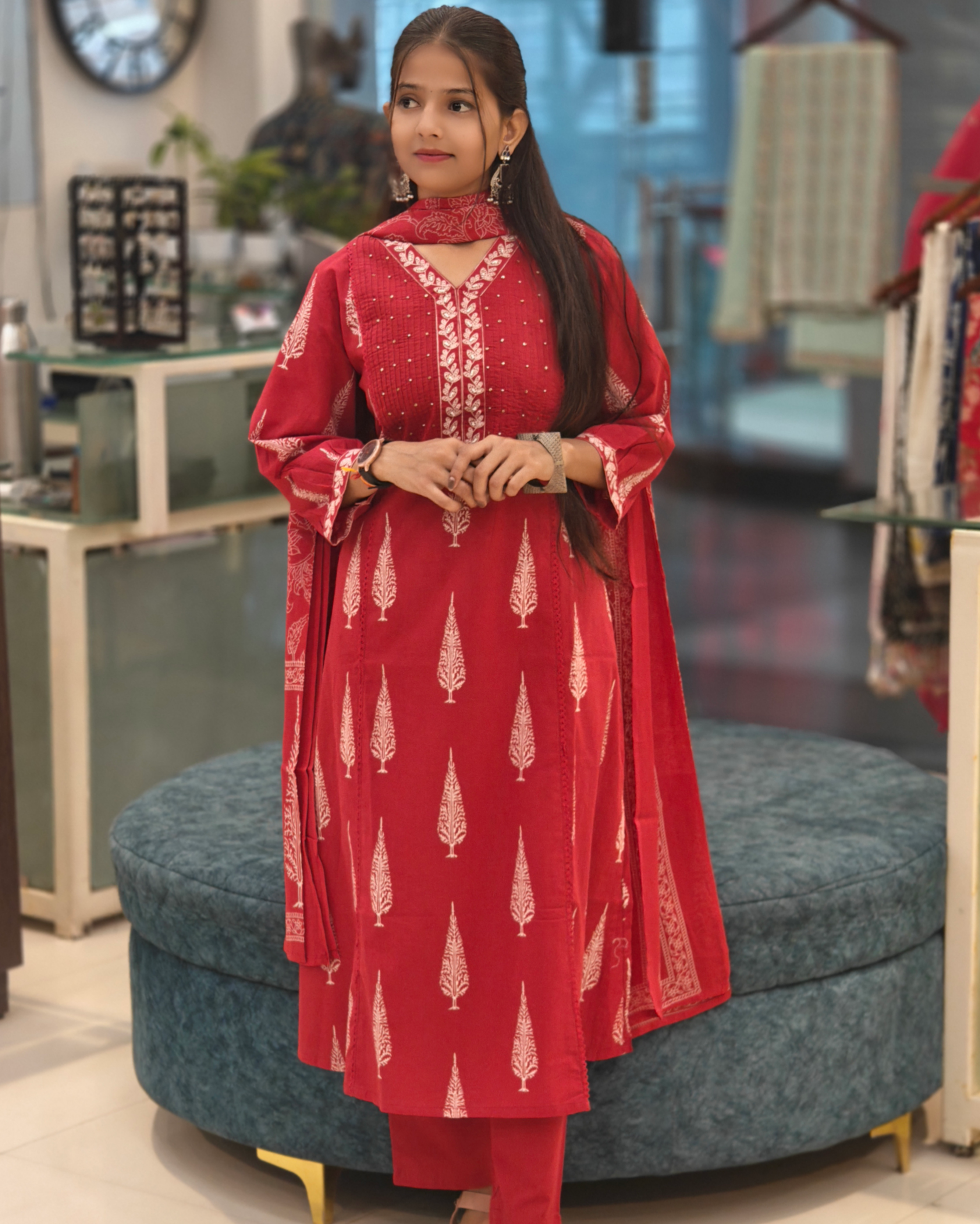 A-Line Pure Cotton  Kurti Pant Dupatta Set 014400