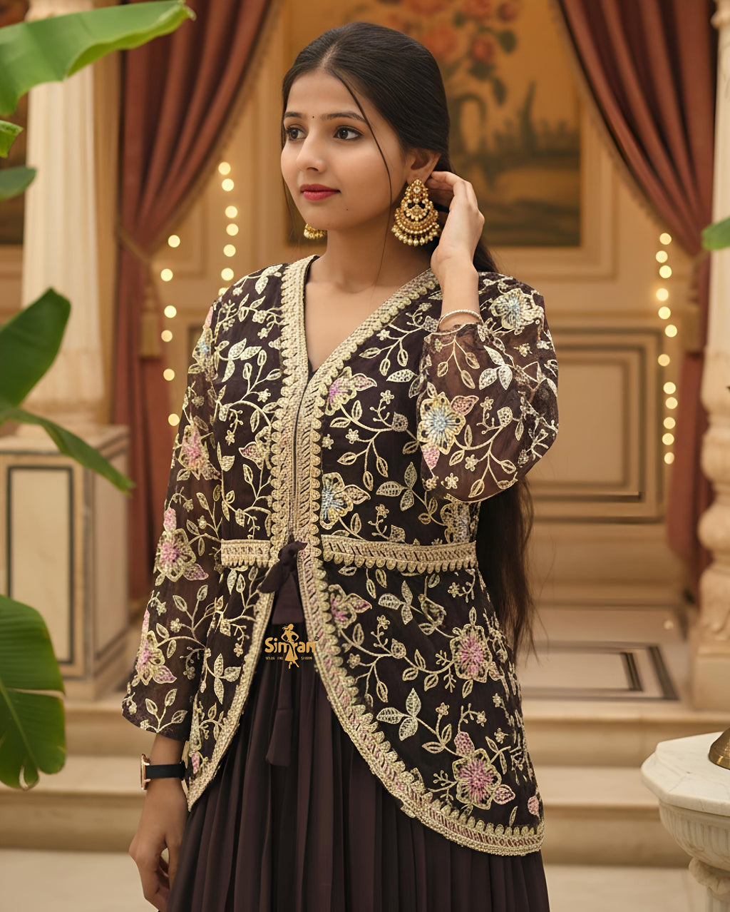 Organza Flared One-Piece Kurti with Embroidered Shrug 014650