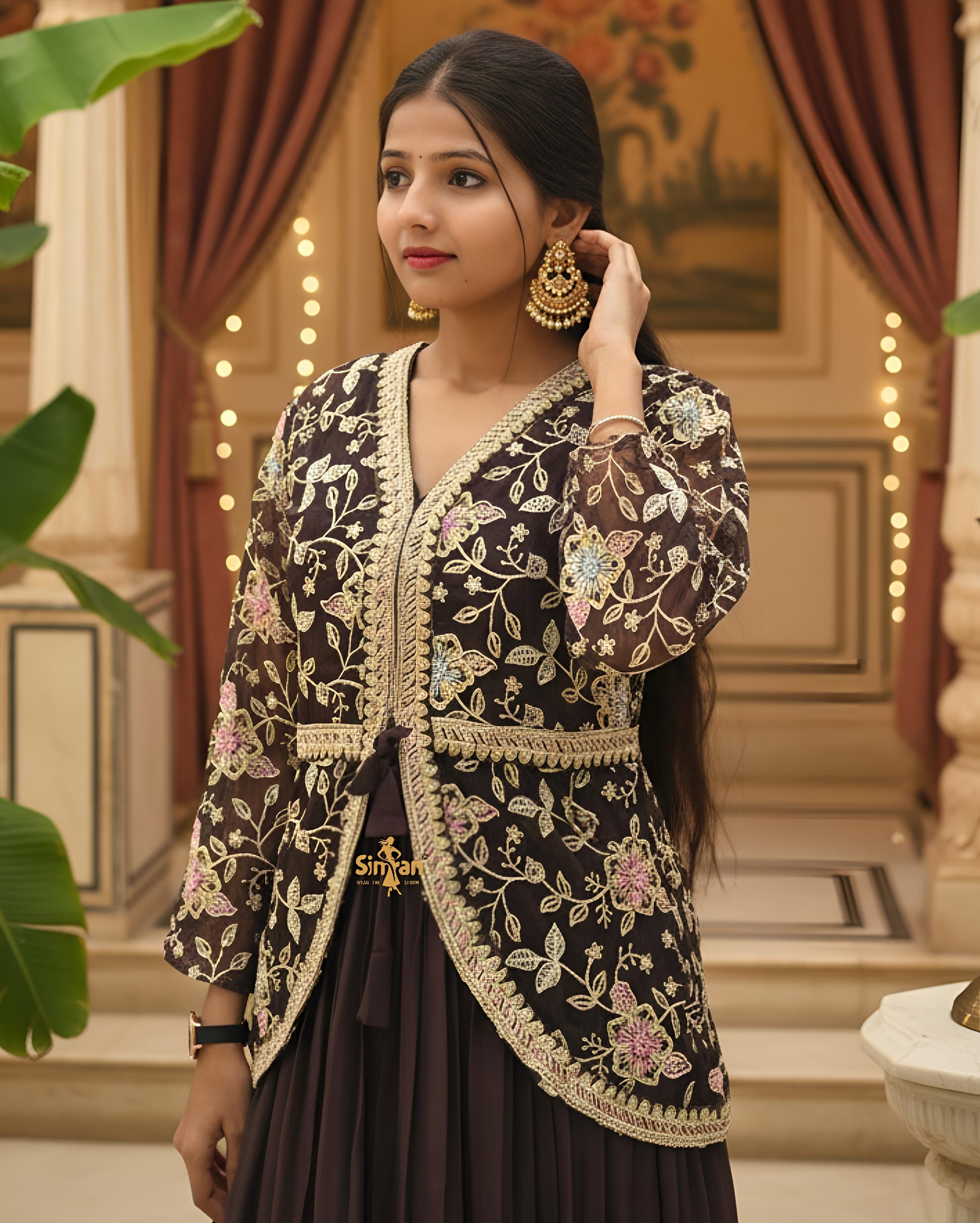 Organza Flared One-Piece Kurti with Embroidered Shrug 014650