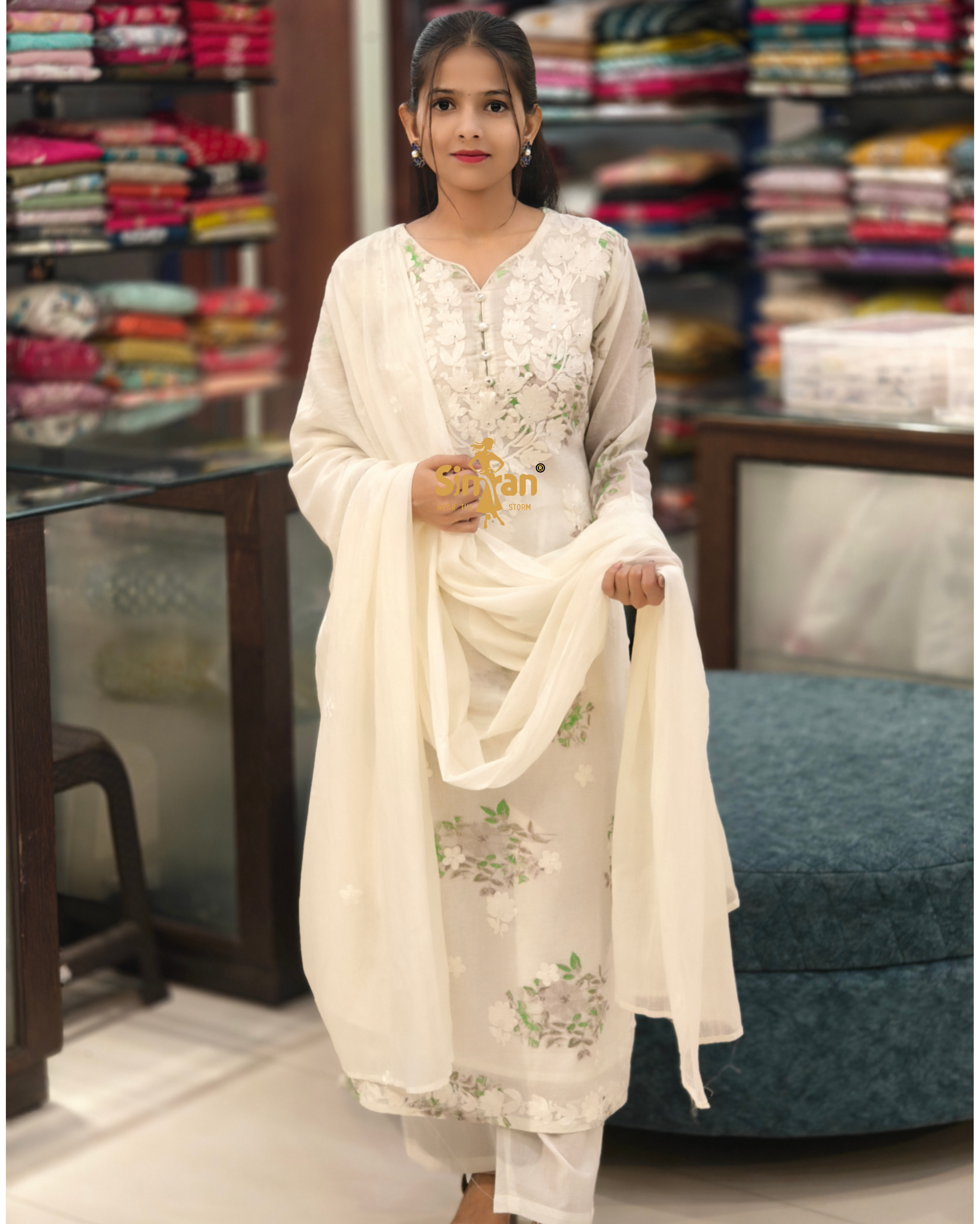 A-Line Pure Cotton  Kurti Pant Dupatta Set 014375