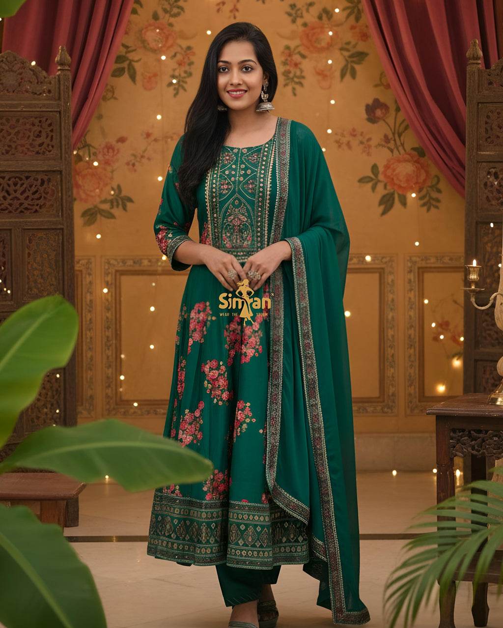 Silk Flared Kurti Pant & Chiffon Dupatta Set 014678