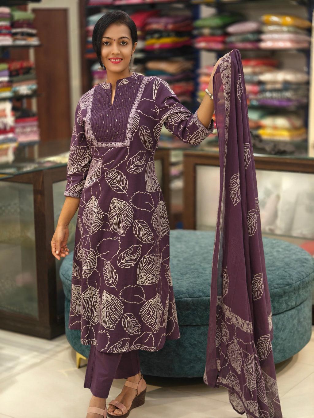 A-Line Pure Cotton  Kurti Pant Dupatta Set 014345