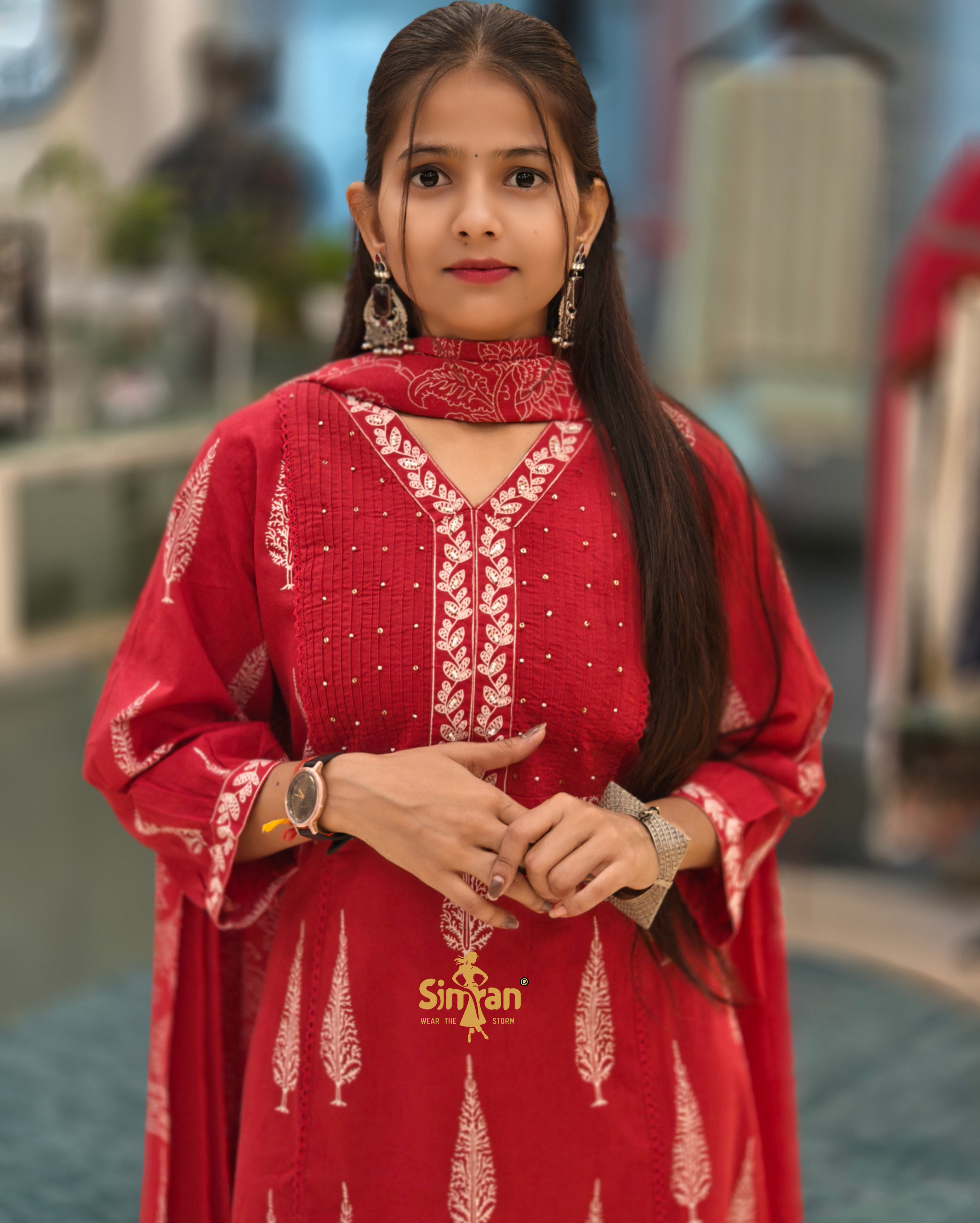 A-Line Pure Cotton  Kurti Pant Dupatta Set 014400