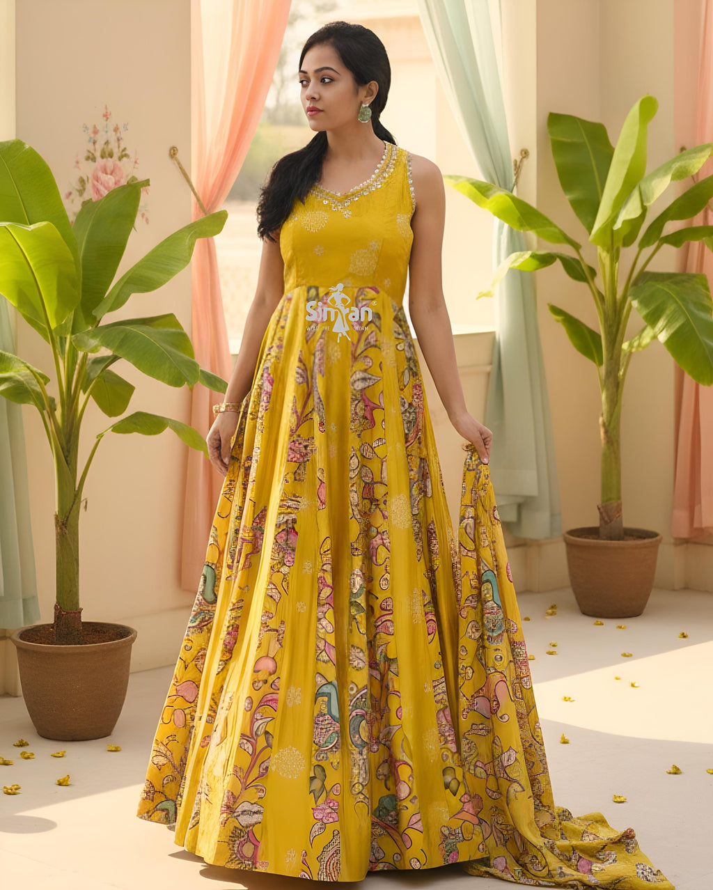 Silk One-Piece Halter Neck Dress with Back Dori & Printed Silk Dupatta 014721