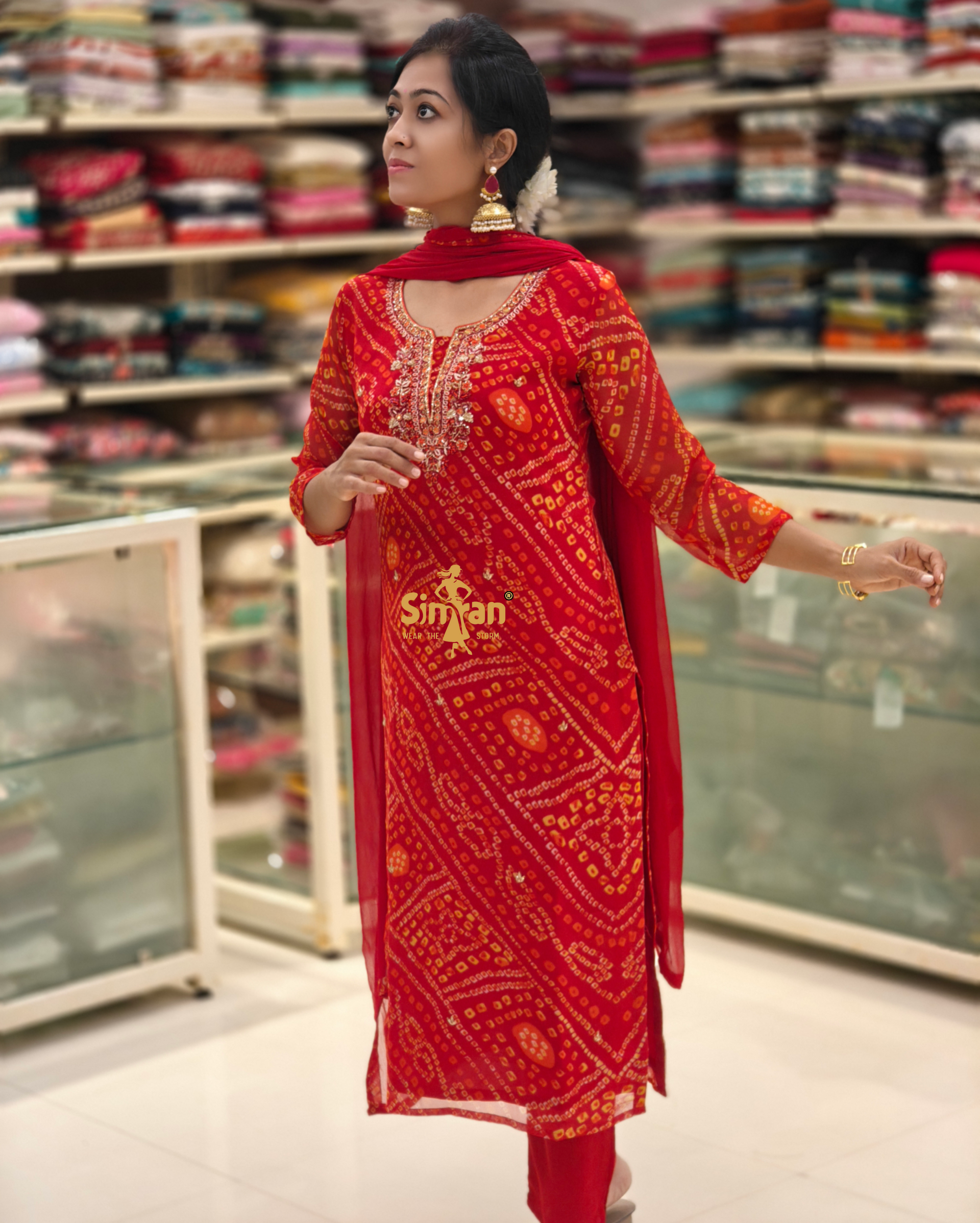 Georgette Bandhani Straight Kurti Pant Dupatta Set 014391