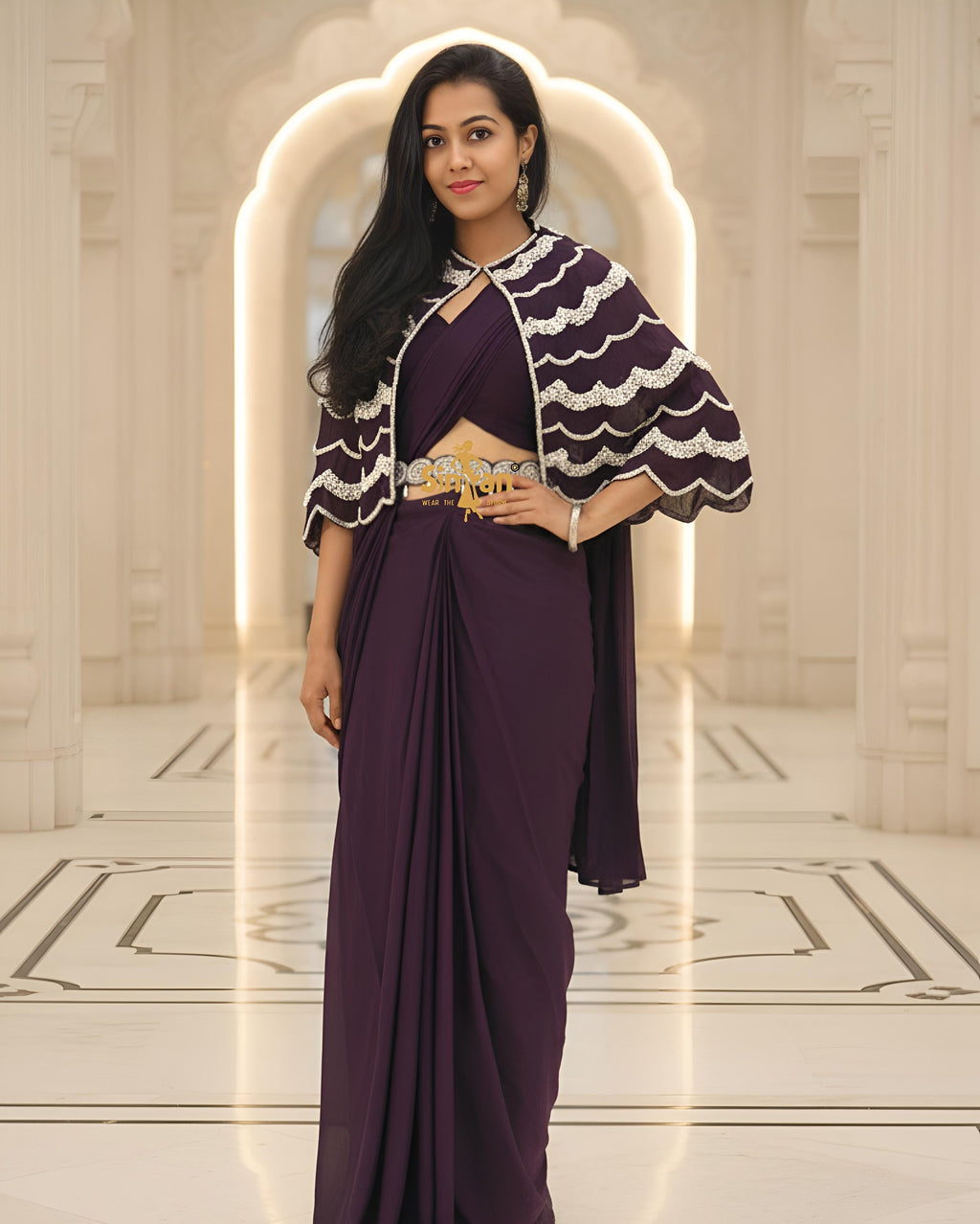 Indo-Western Pre-Drape Saree with Heavy Poncho & Handwork Belt  014698