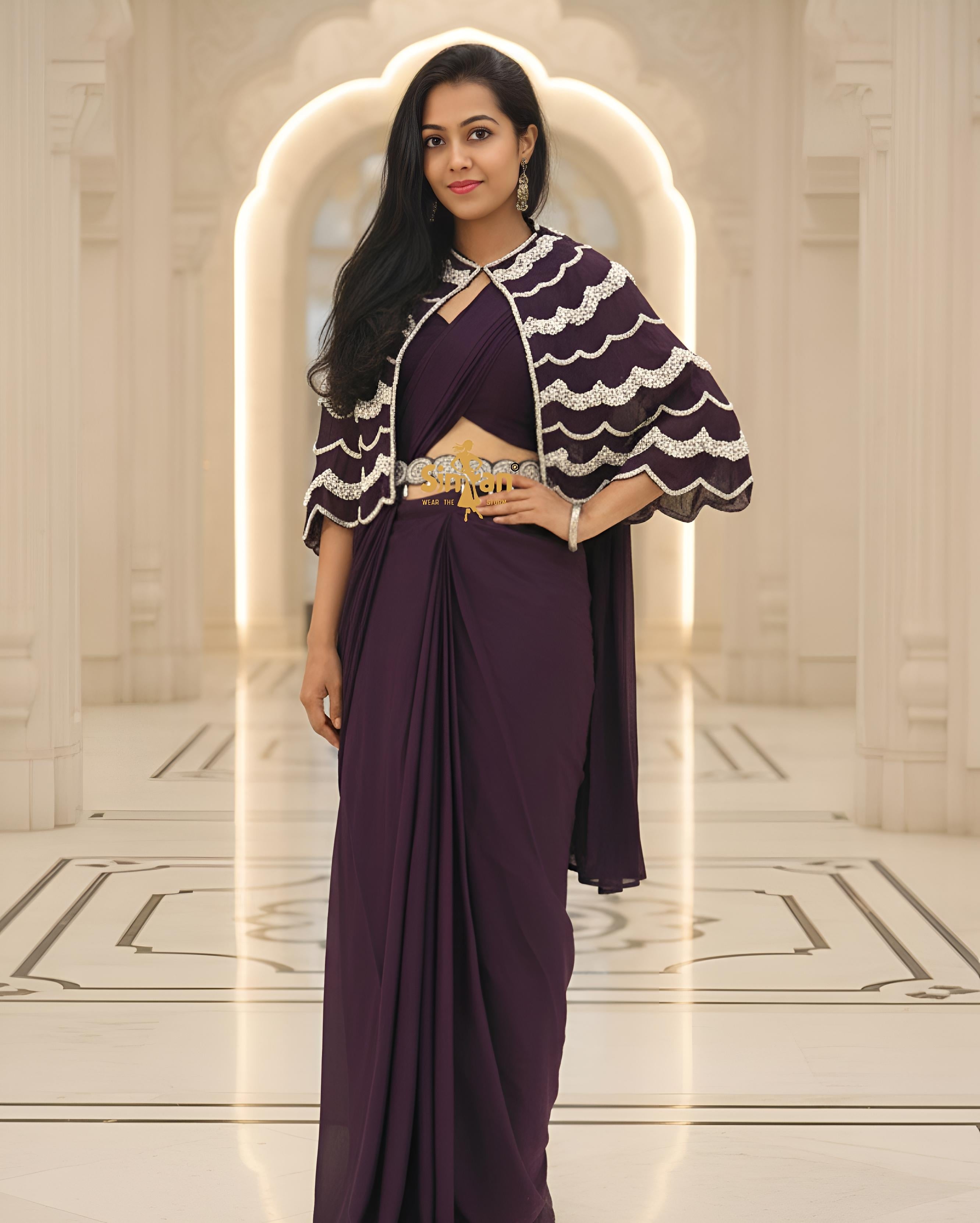 Indo-Western Pre-Drape Saree with Heavy Poncho & Handwork Belt  014698