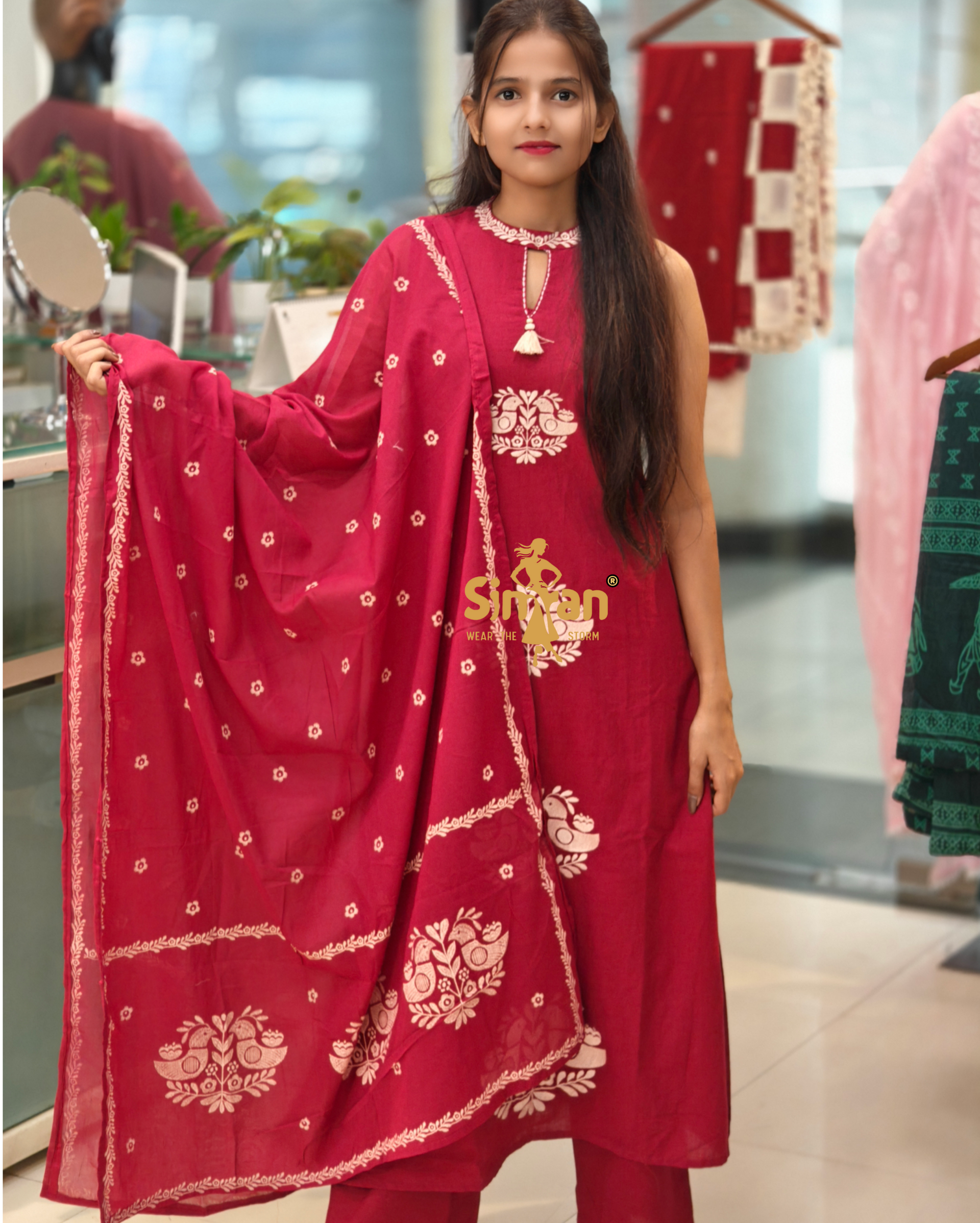 Linen Cotton Sleeveless Kurti Pant Dupatta Set 013965