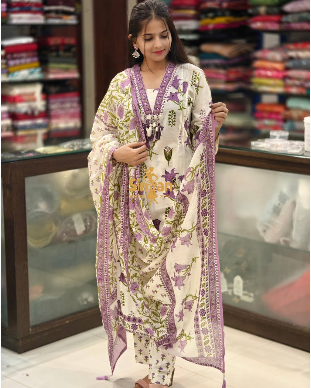 A-Line Pure Cotton  Kurti Pant Dupatta Set 014358