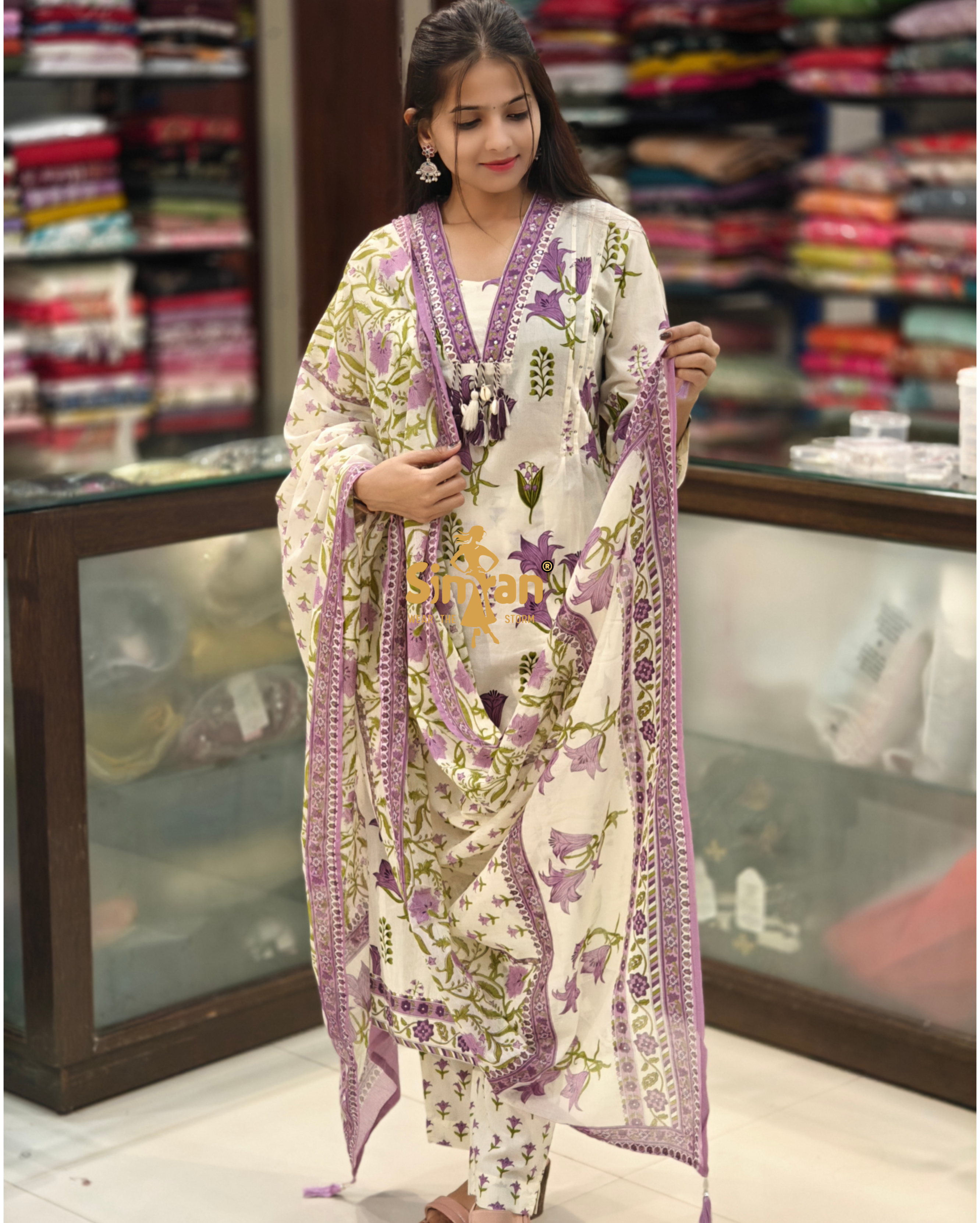 A-Line Pure Cotton  Kurti Pant Dupatta Set 014358