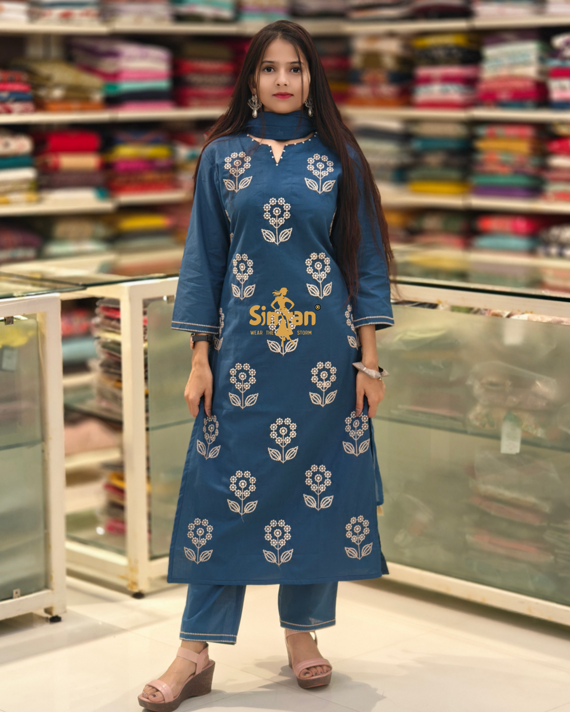 Pure Cotton Kurti Pant Dupatta Set 014370