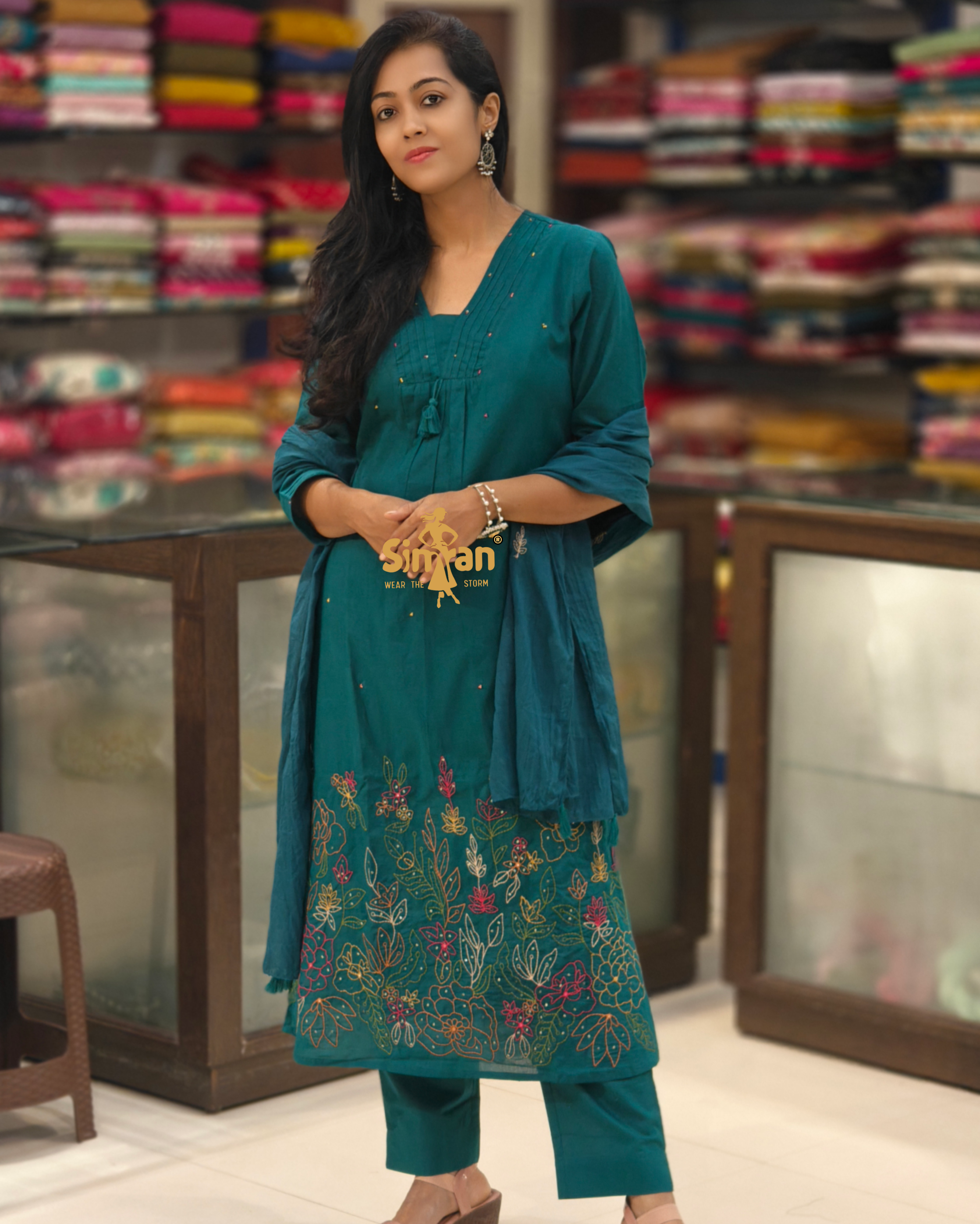 A-Line Pure Cotton  Kurti Pant Dupatta Set 014384