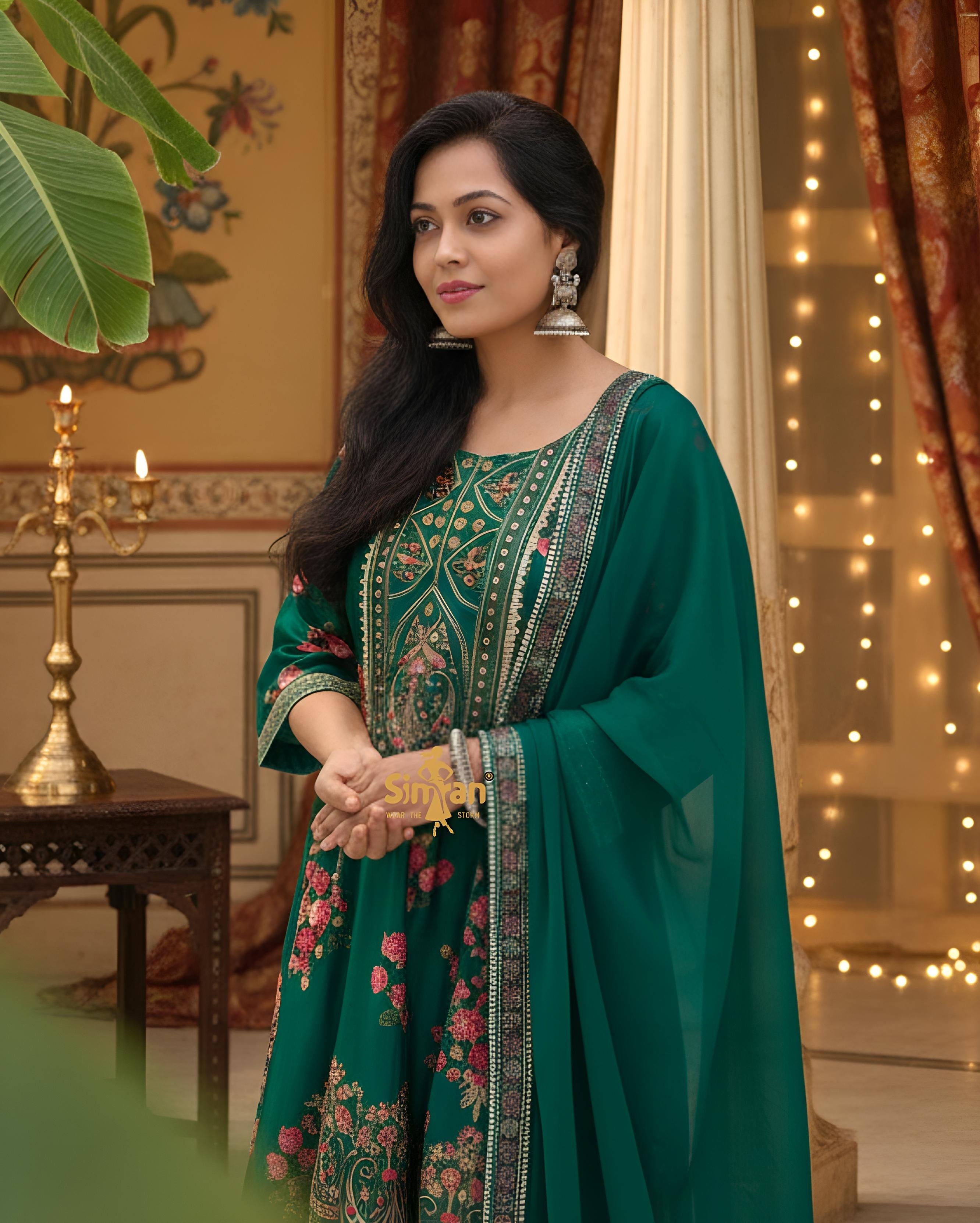 Silk Flared Kurti Pant & Chiffon Dupatta Set 014678