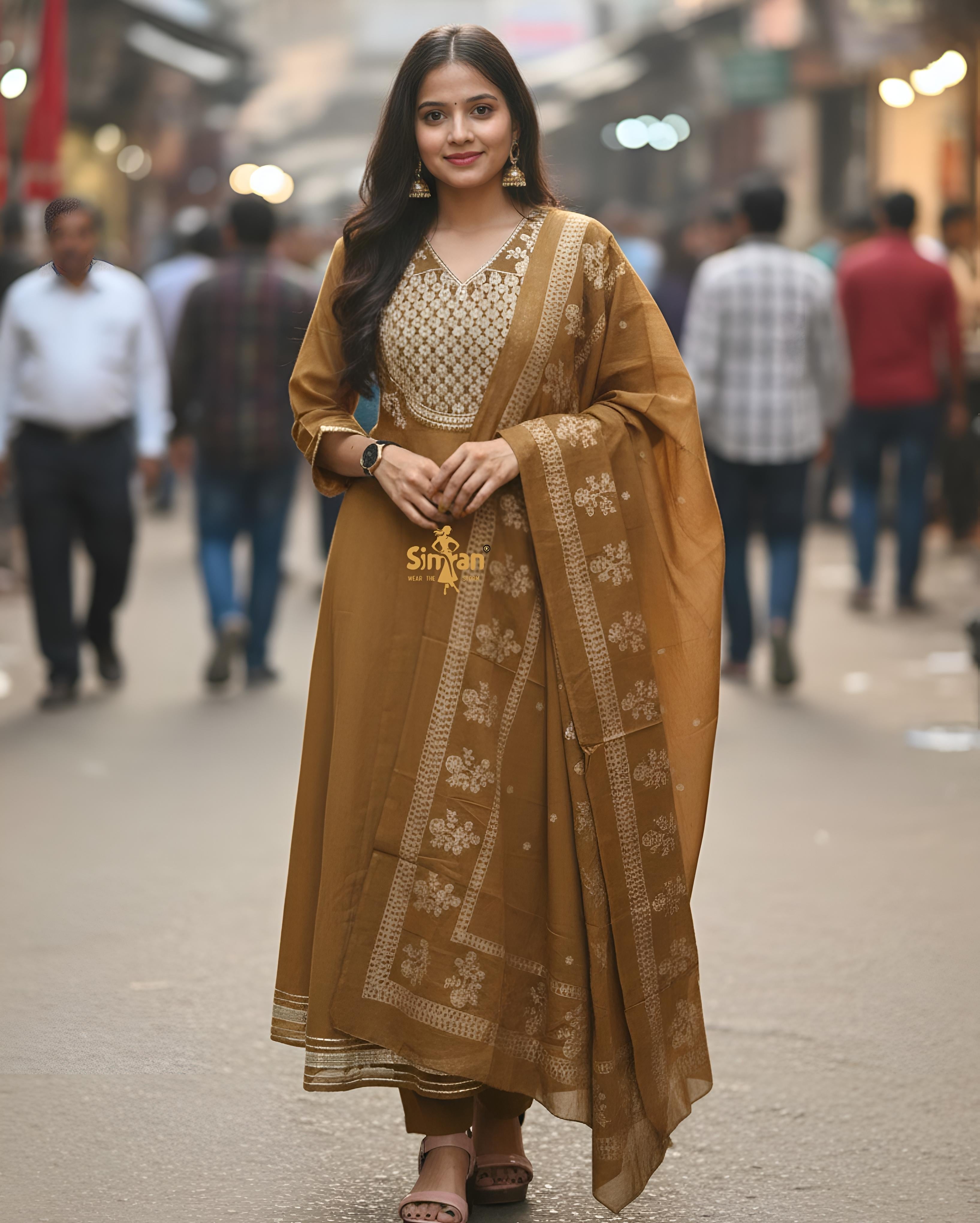 Flared Mulmul Cotton Kurti Pant Dupatta Set with Embroidery 014753