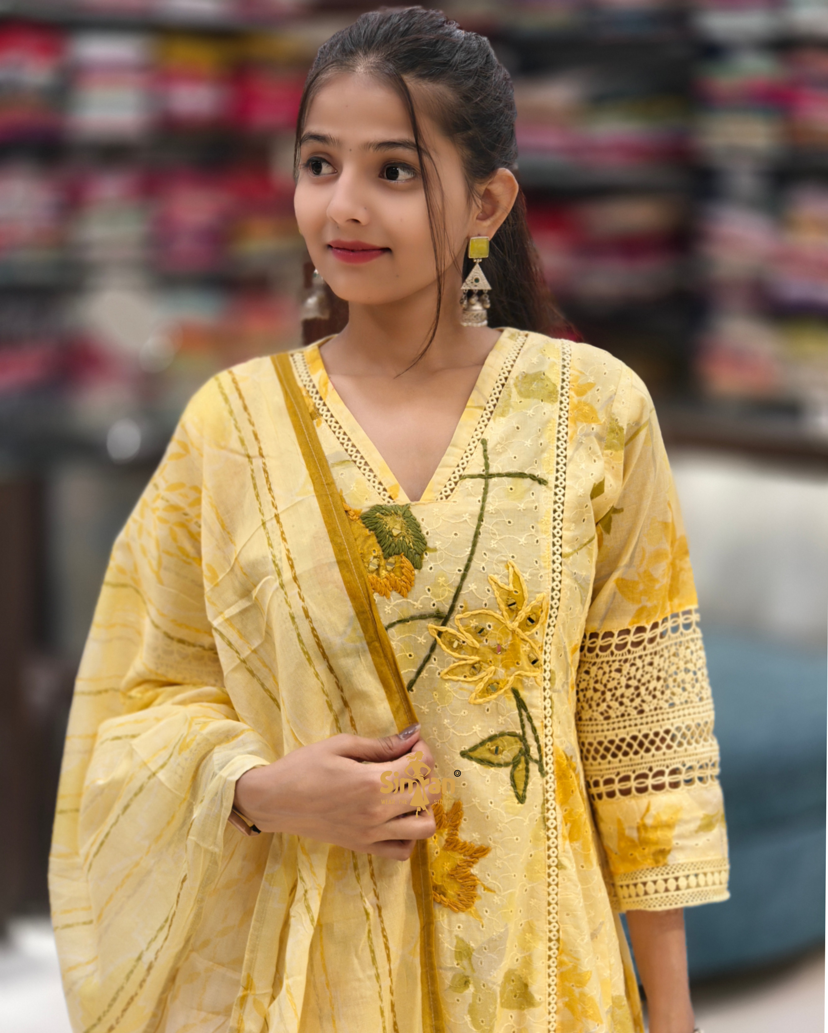 Party Wear Cotton Flared Kurti Plazo Dupatta Set 014372