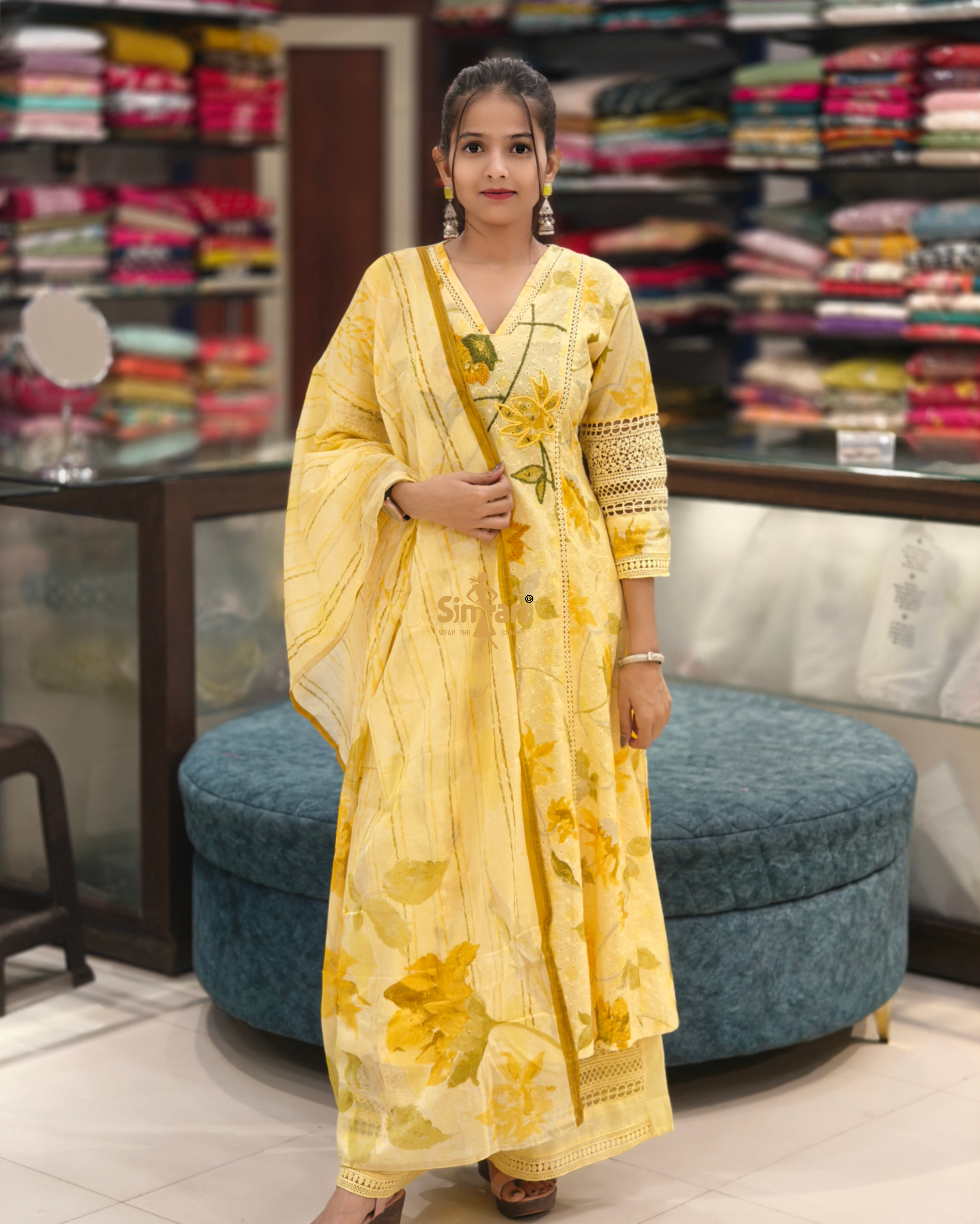 Party Wear Cotton Flared Kurti Plazo Dupatta Set 014372