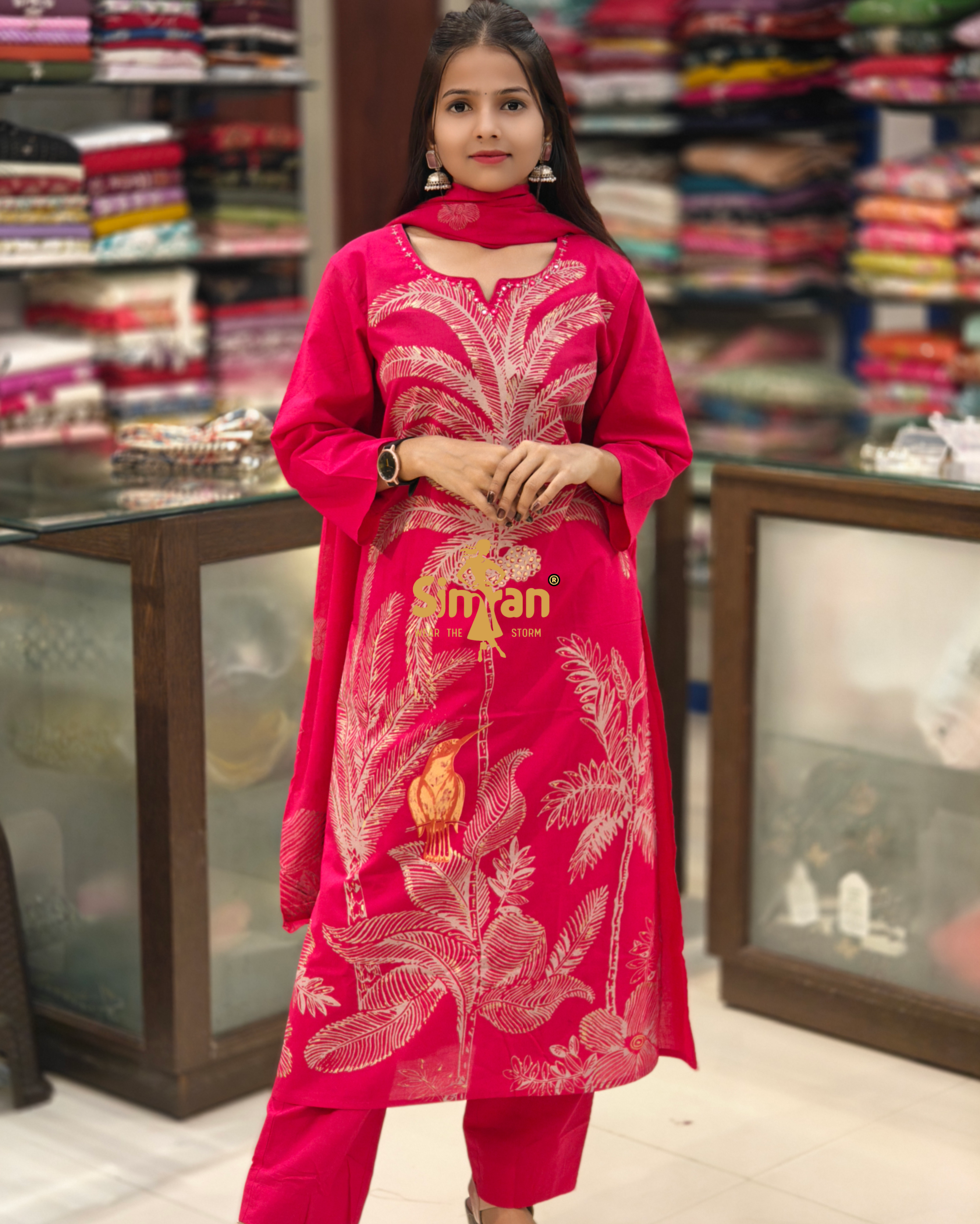 A-Line Pure Cotton  Kurti Pant Dupatta Set 014359