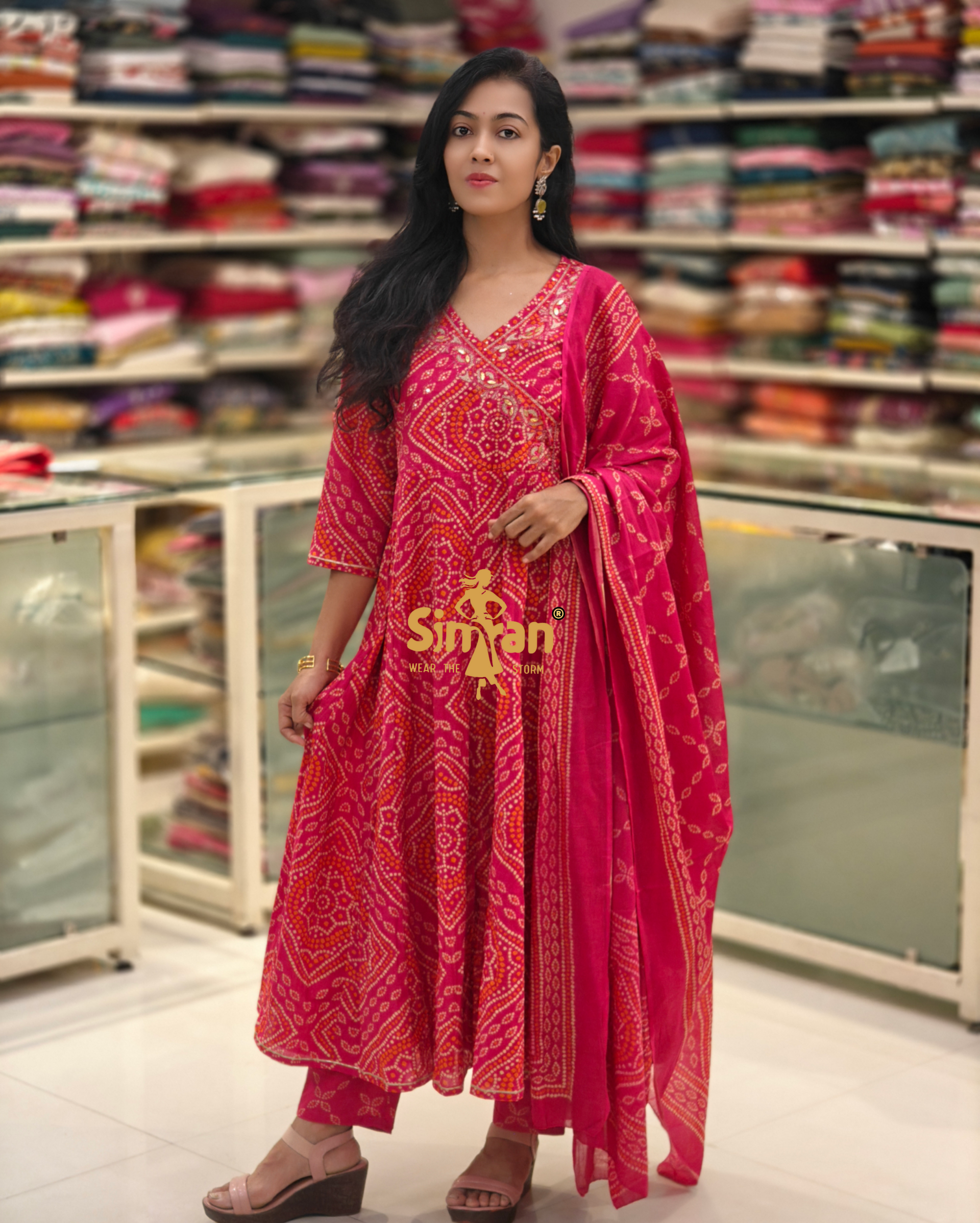 Flared Cotton Kurti Pant Dupatta Set – Bandhani Print | Angrakha Neck 014123