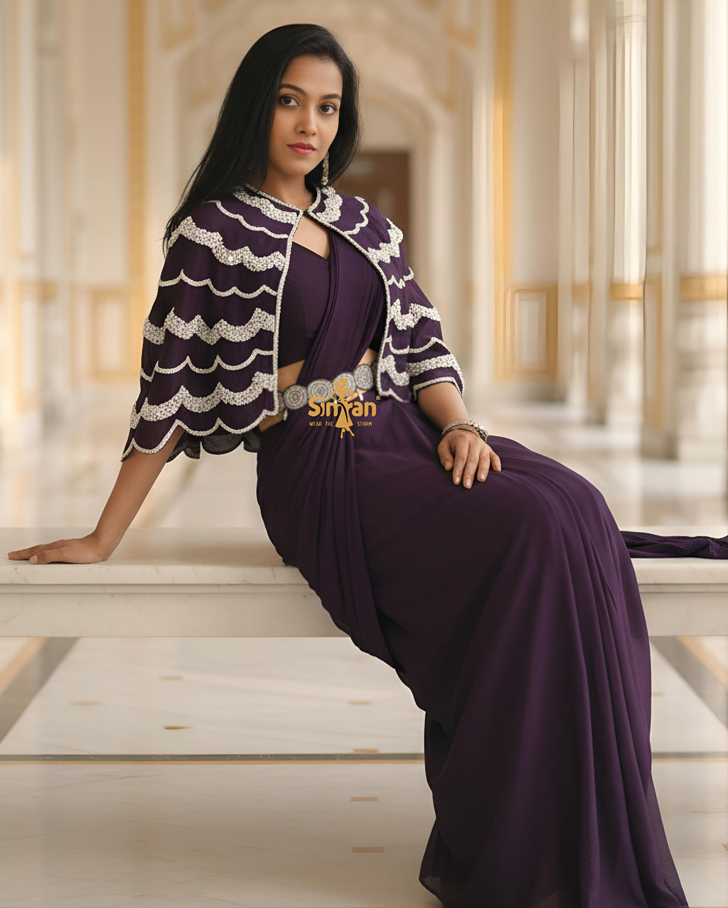 Indo-Western Pre-Drape Saree with Heavy Poncho & Handwork Belt  014698