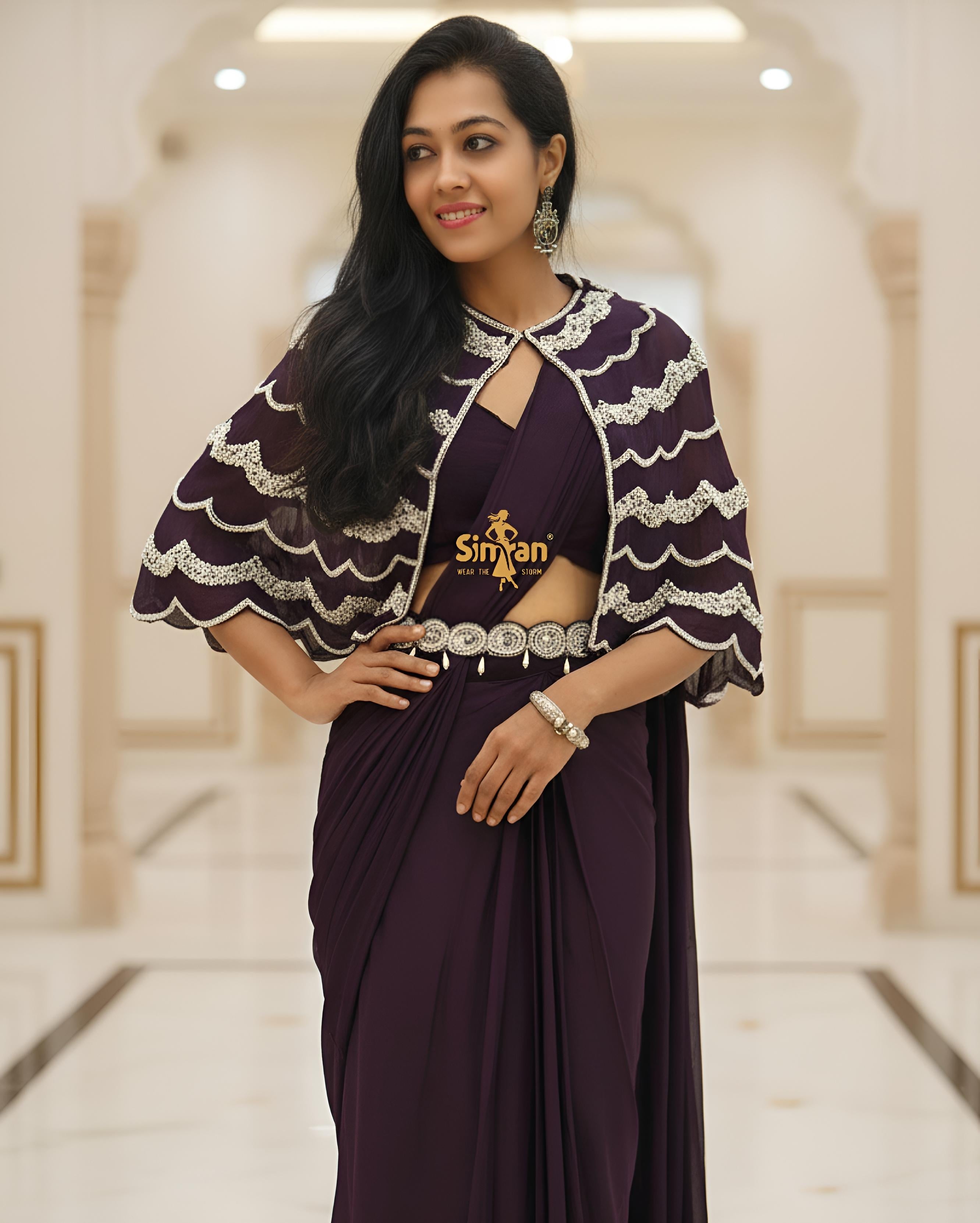 Indo-Western Pre-Drape Saree with Heavy Poncho & Handwork Belt  014698