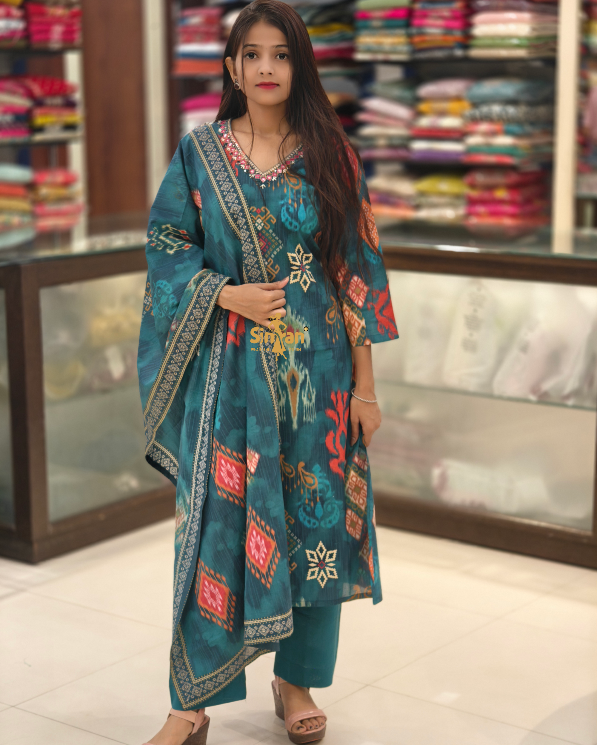 Pure Cotton Kurti Pant Dupatta Set 014377