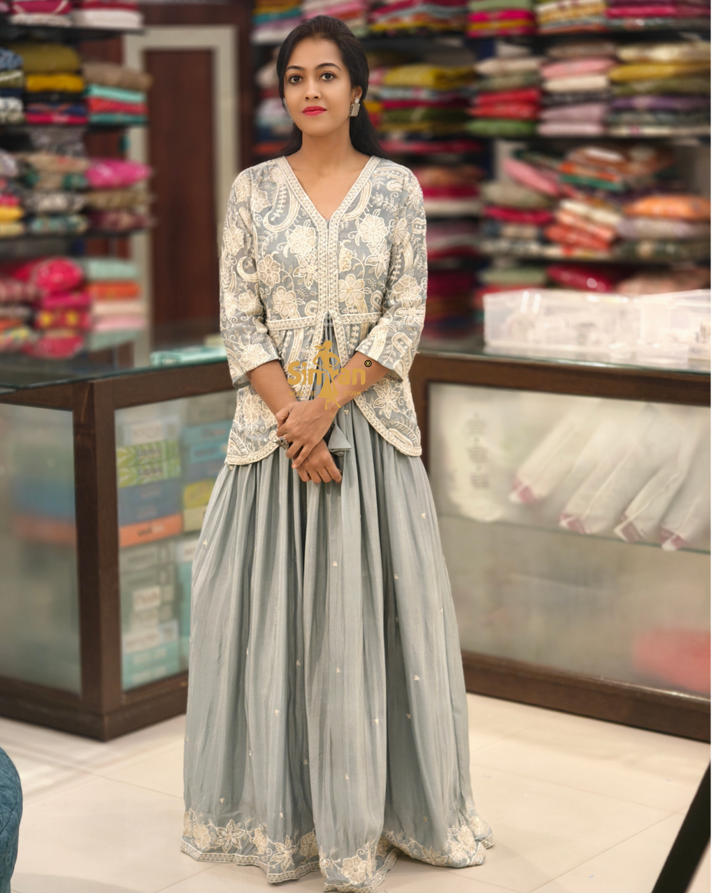 Silk Flared One-Piece Kurti with Embroidered Shrug 014654