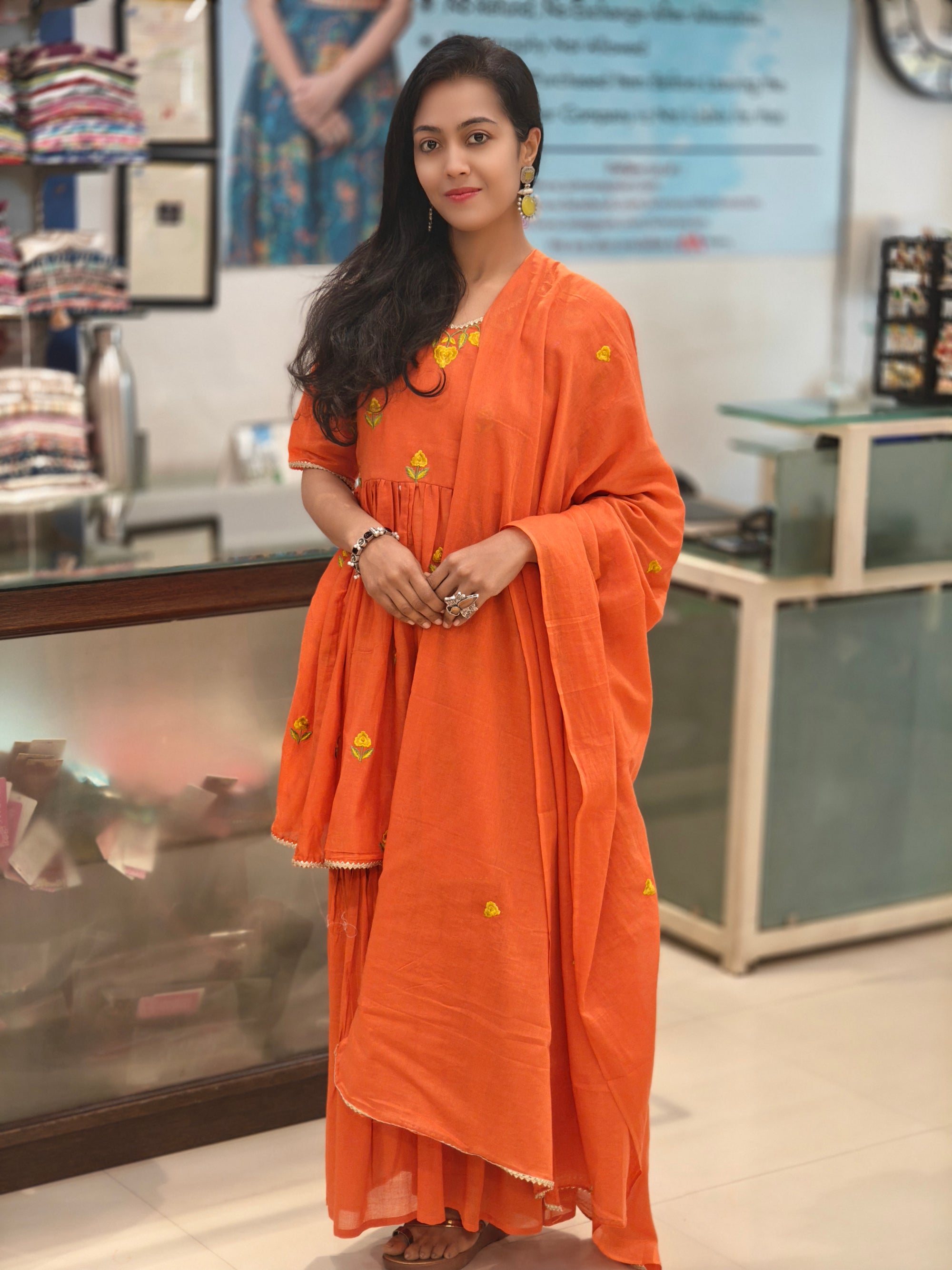 Orange Peplum Top Sharara Dupatta Set 012640