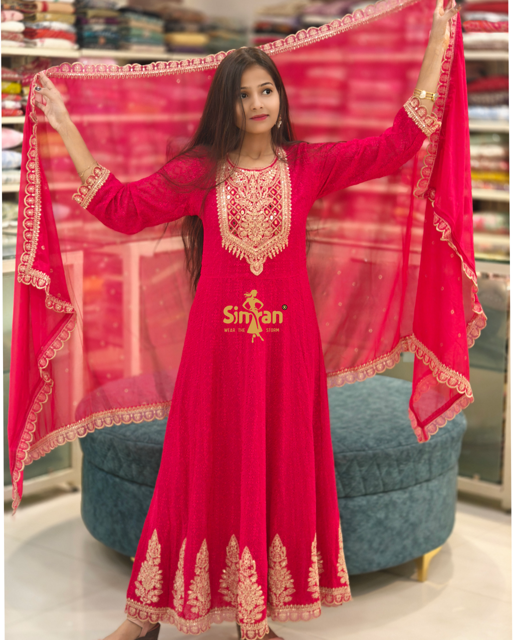 Georgette Flared Kurti Pant Dupatta Set 014129