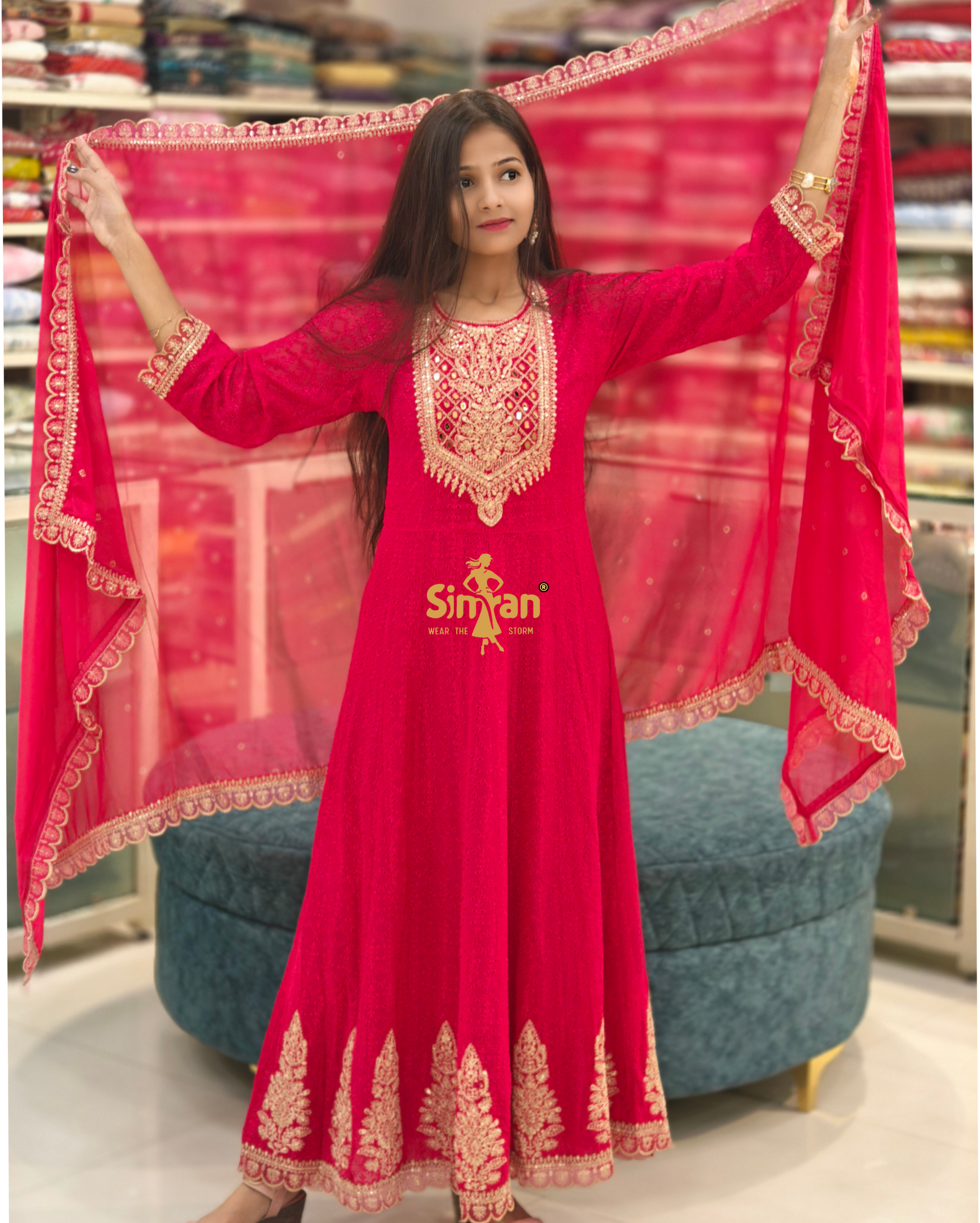 Georgette Flared Kurti Pant Dupatta Set 014129