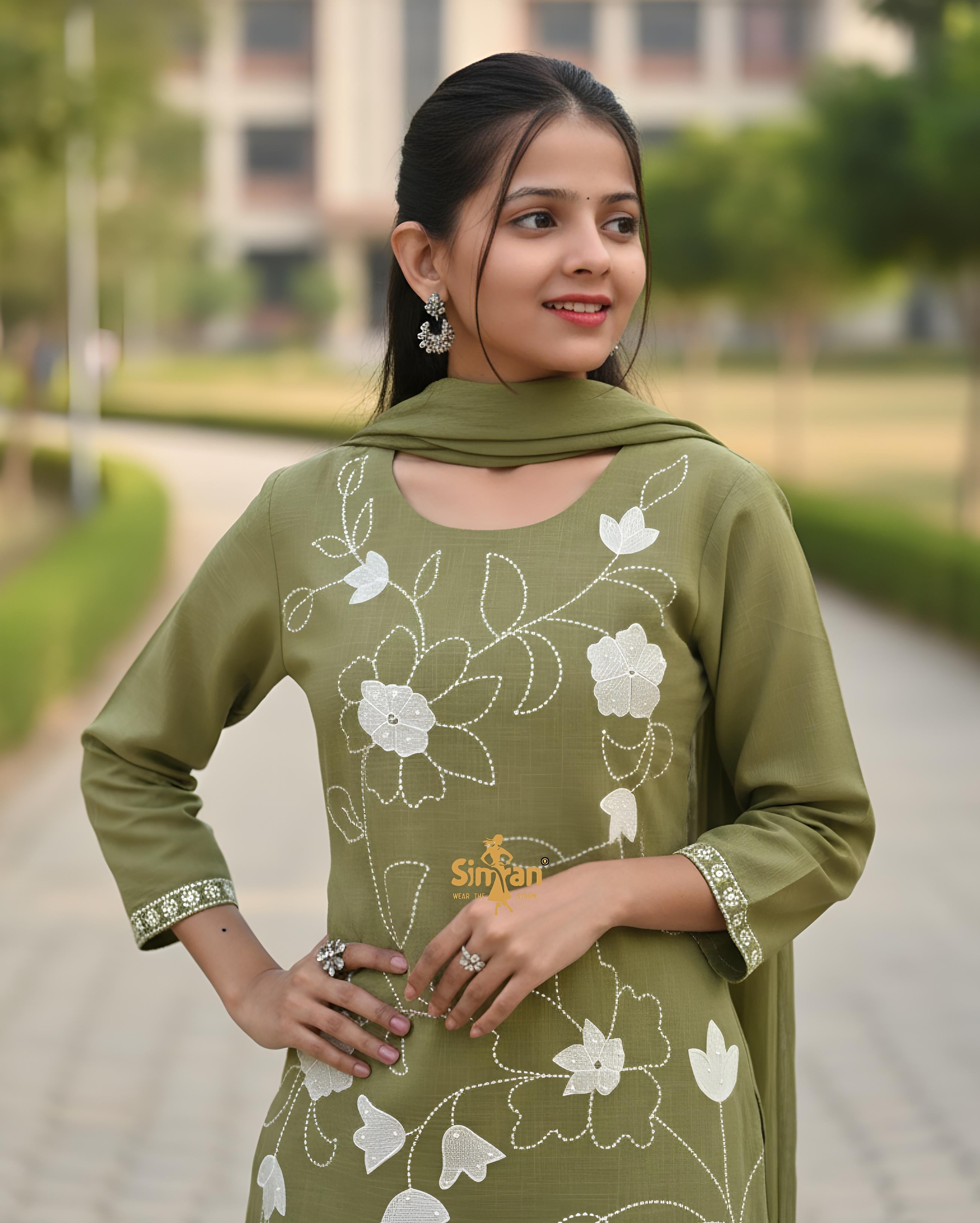 Linen Cotton Kurti Pant Dupatta Set 014747