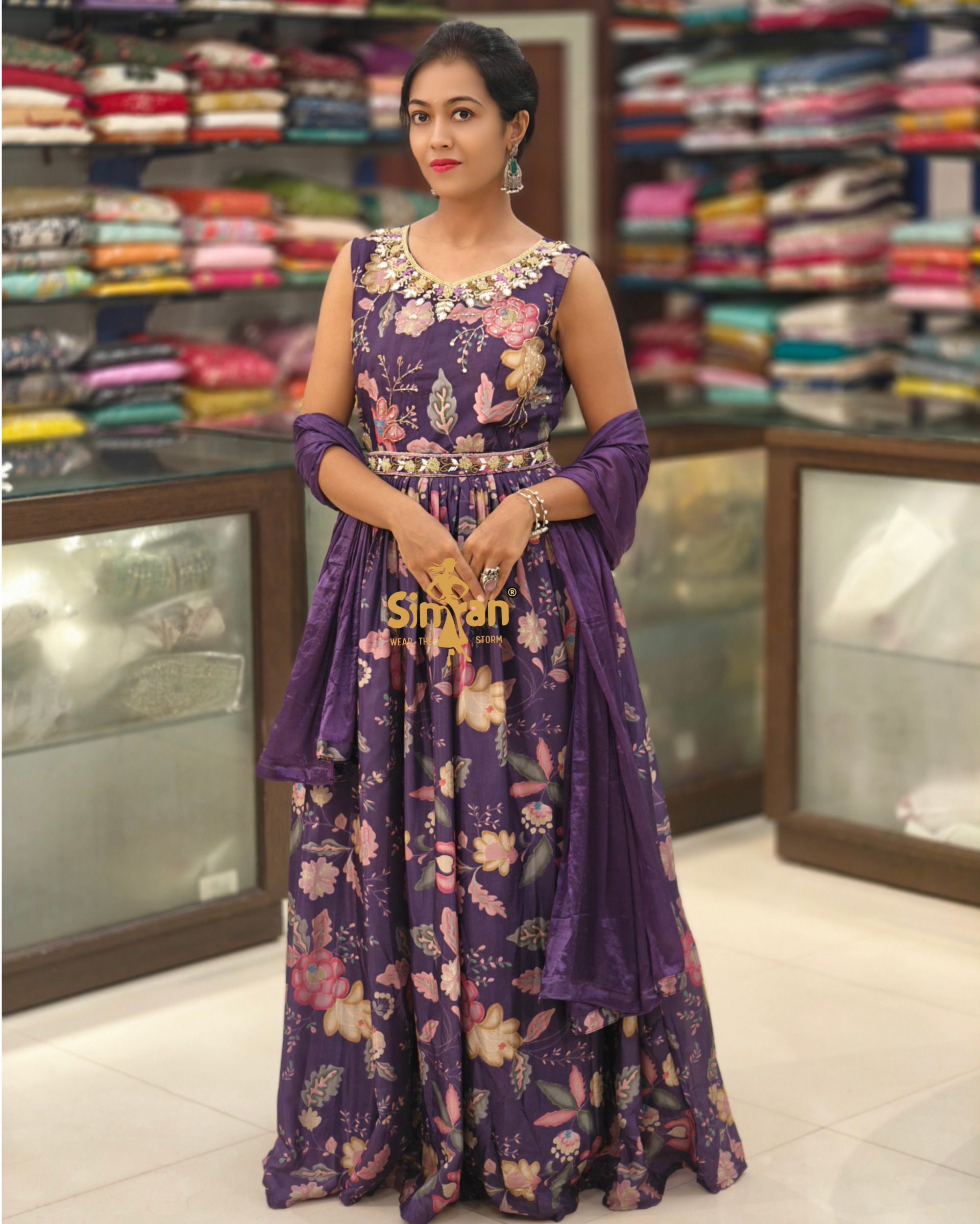 Silk Floral One-Piece Dress with Chiffon Dupatta & Belt 014108