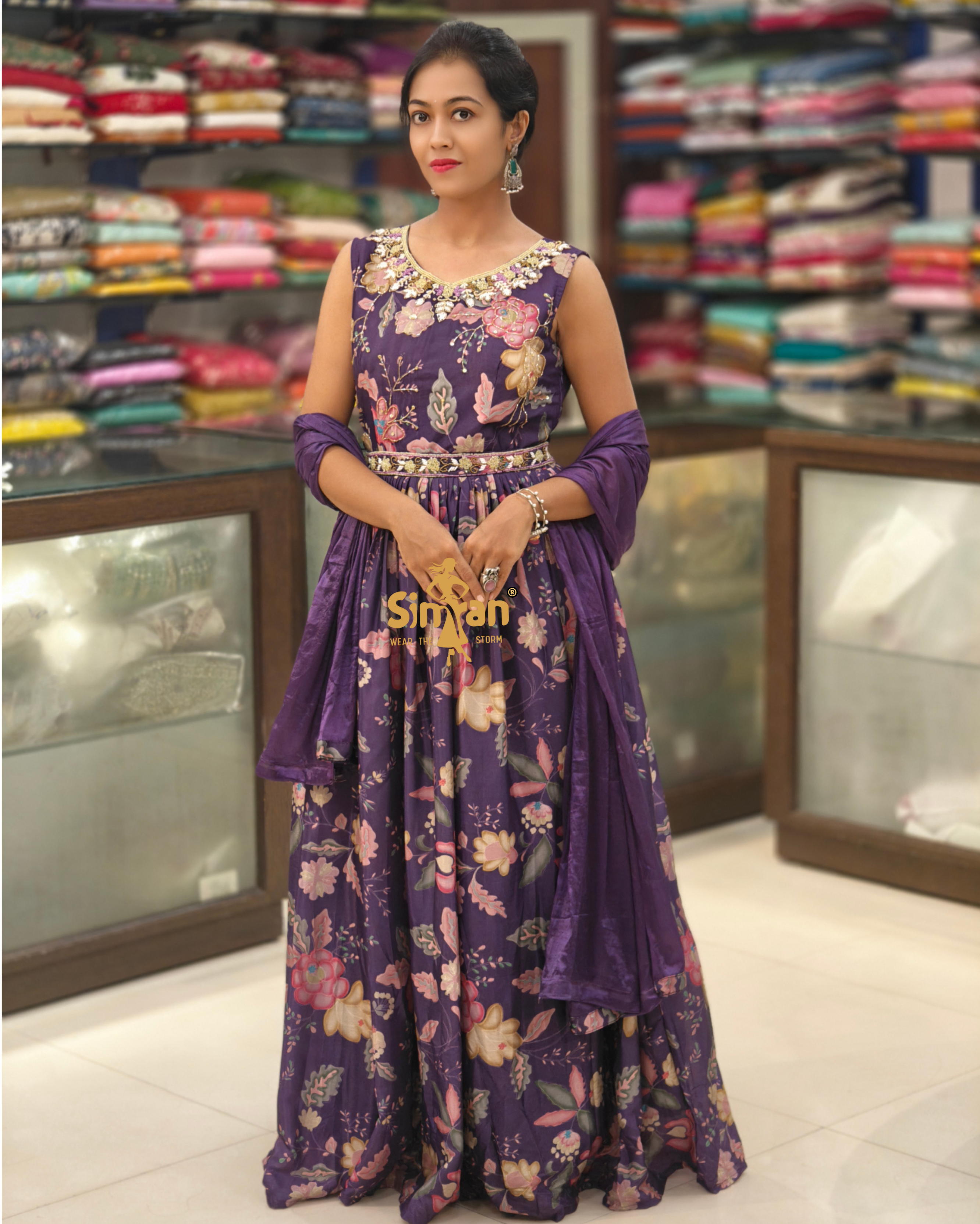 Silk Floral One-Piece Dress with Chiffon Dupatta & Belt 014108