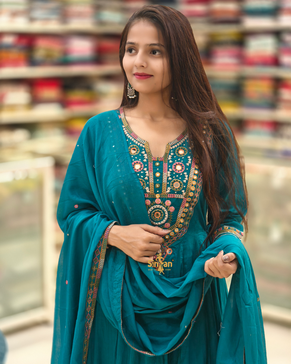 Flared Mulmul Cotton Kurti Pant Dupatta Set with Embroidery 014414