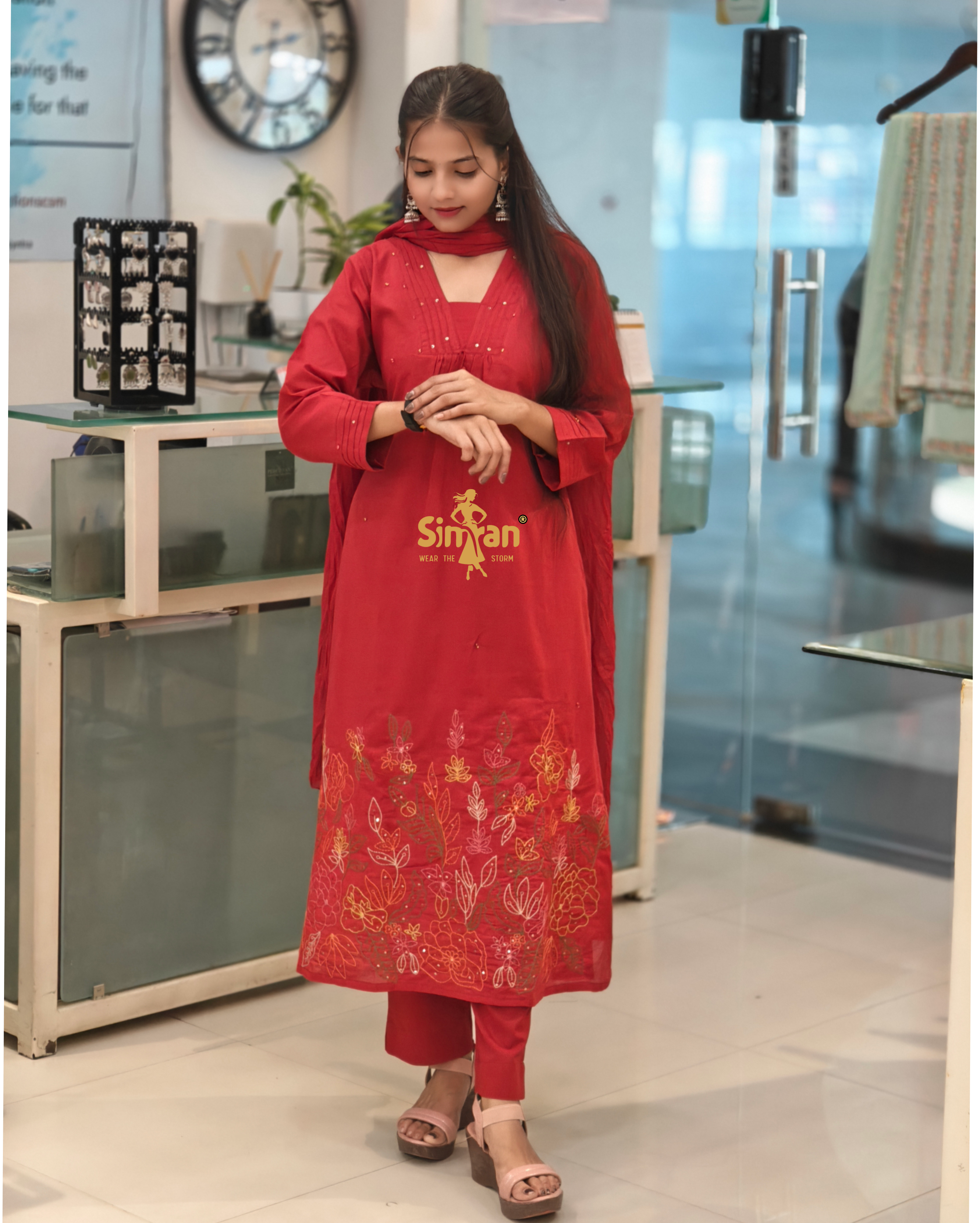 A-Line Pure Cotton  Kurti Pant Dupatta Set 014384-A