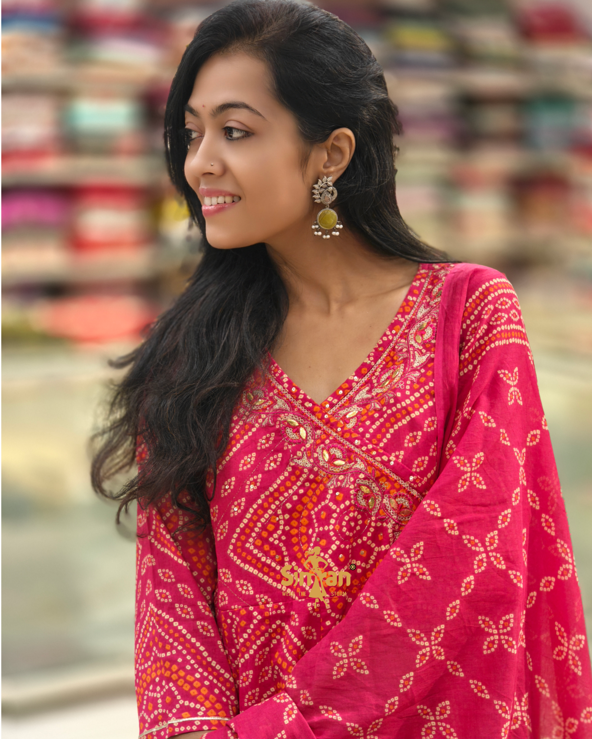 Flared Cotton Kurti Pant Dupatta Set – Bandhani Print | Angrakha Neck 014123