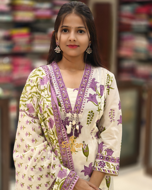 A-Line Pure Cotton  Kurti Pant Dupatta Set 014358
