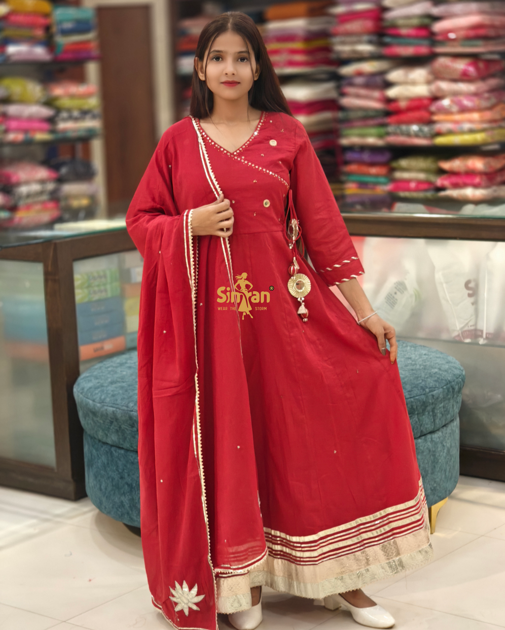 Flared Mulmul Cotton Kurti Pant Dupatta Set with Embroidery 014523