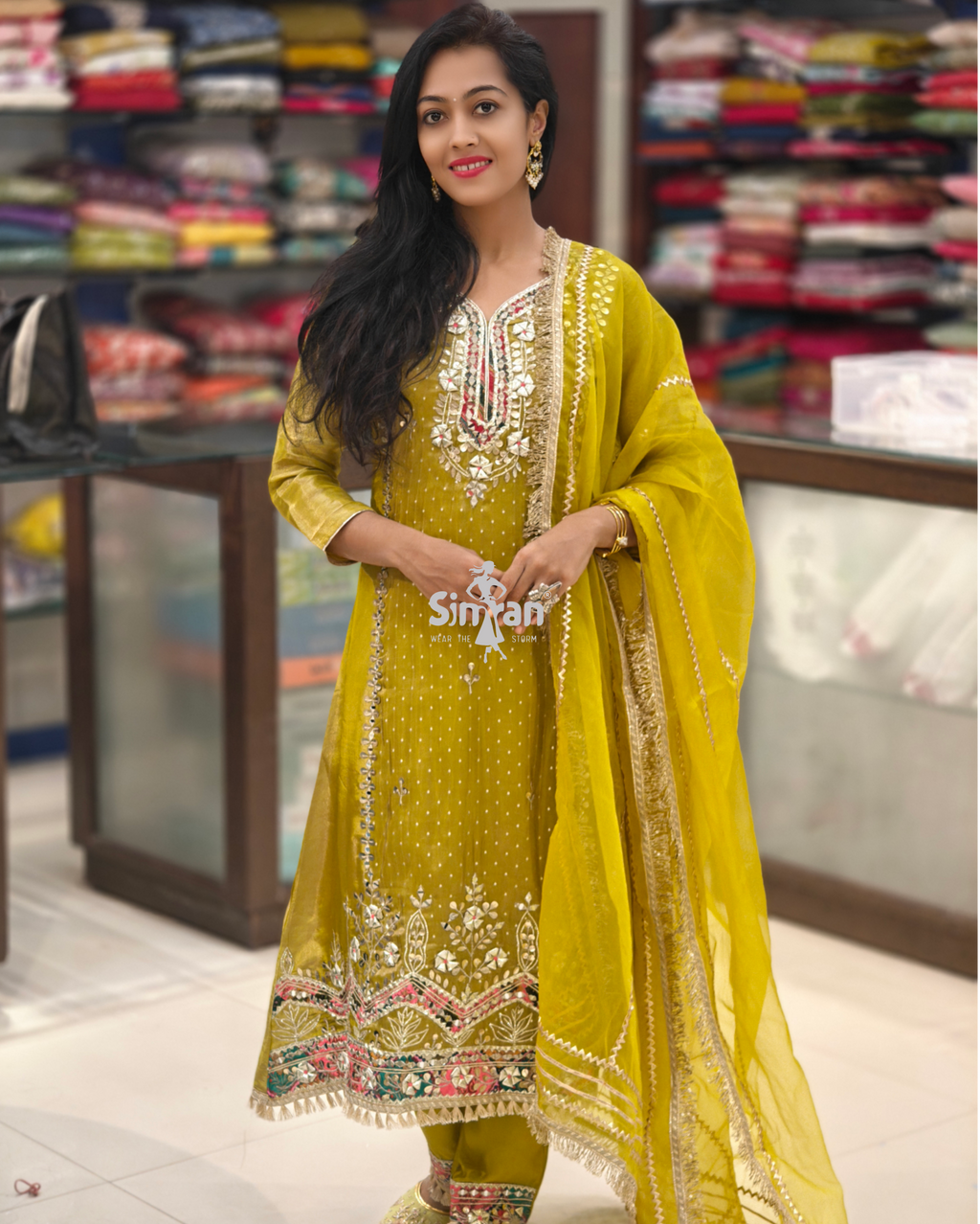 Shimmer Silk A-Line Kurti Pant Dupatta Set 014647