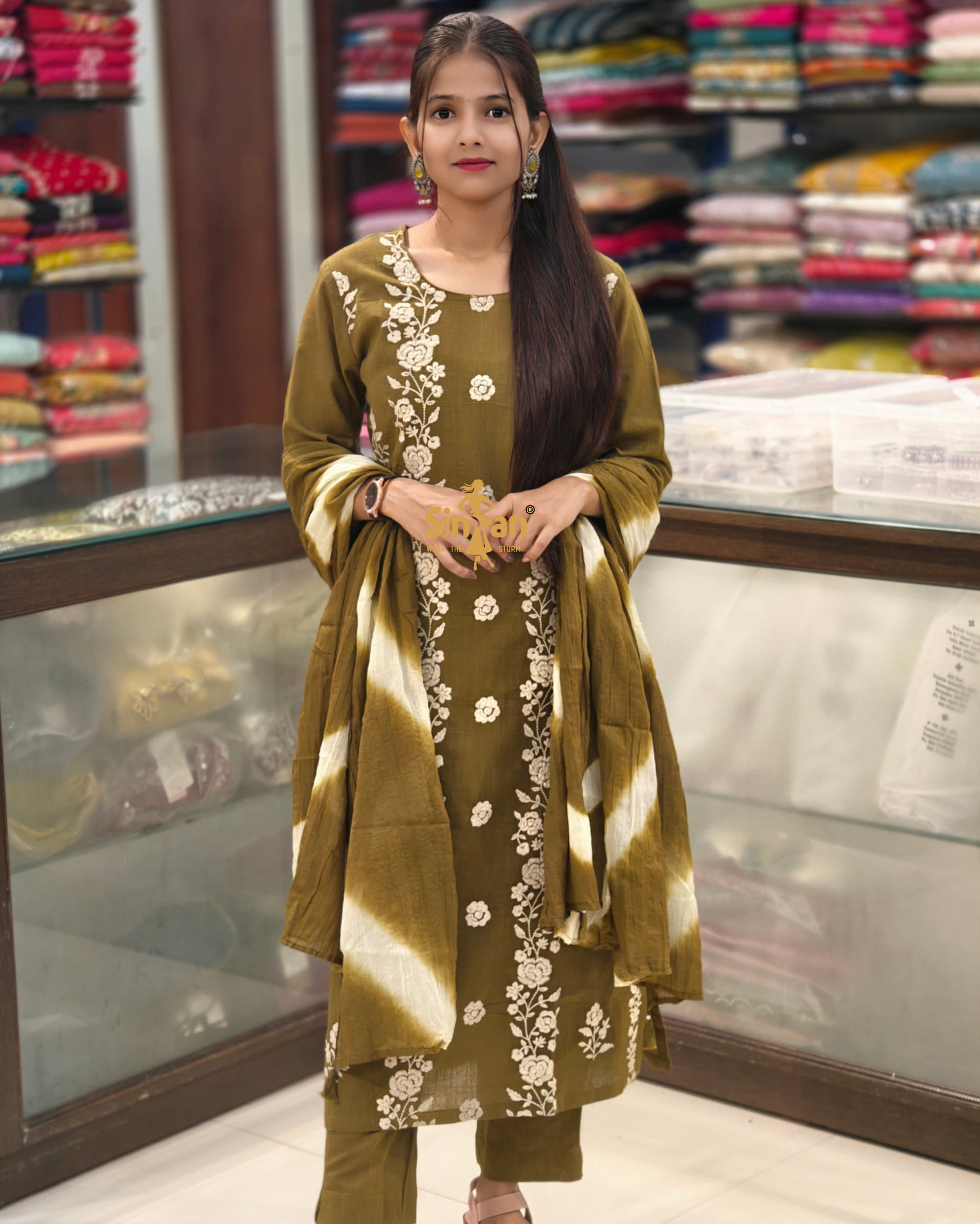 Linen Cotton Kurti Pant Dupatta Set 014388