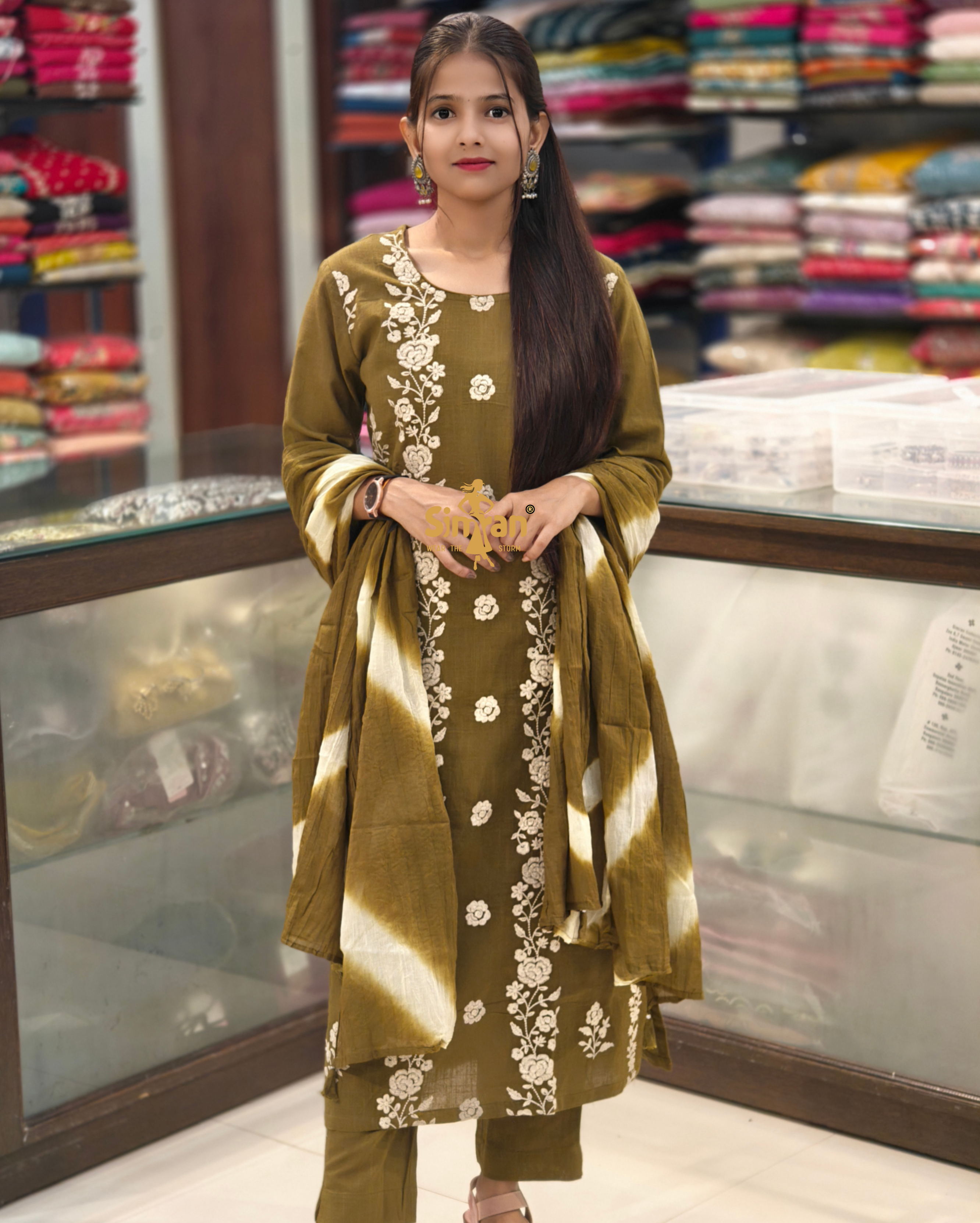 Linen Cotton Kurti Pant Dupatta Set 014388