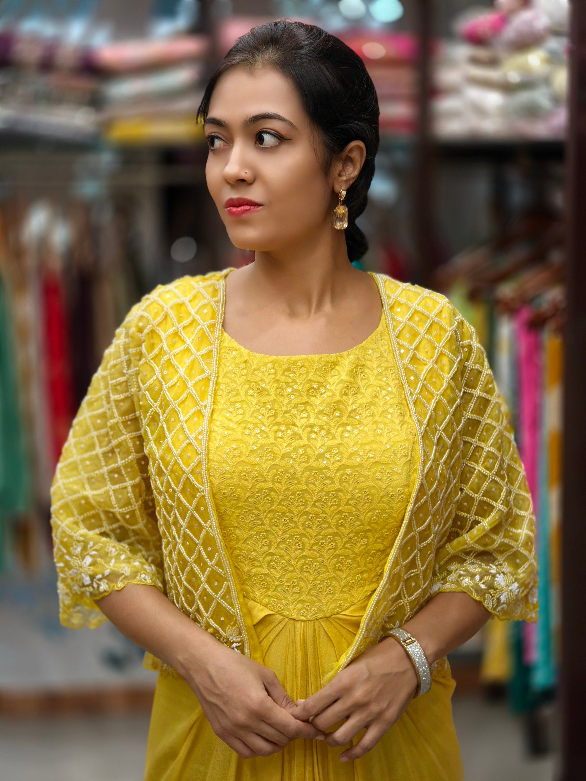🌼 Yellow Georgette One-Piece Dress with Handwork Jacket 🌼- 011711