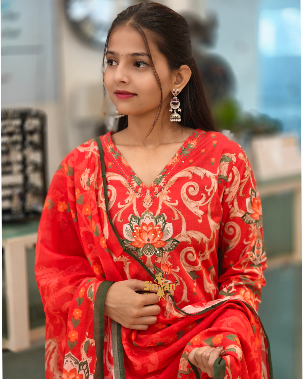 A-Line Pure Cotton  Kurti Pant Dupatta Set 014392