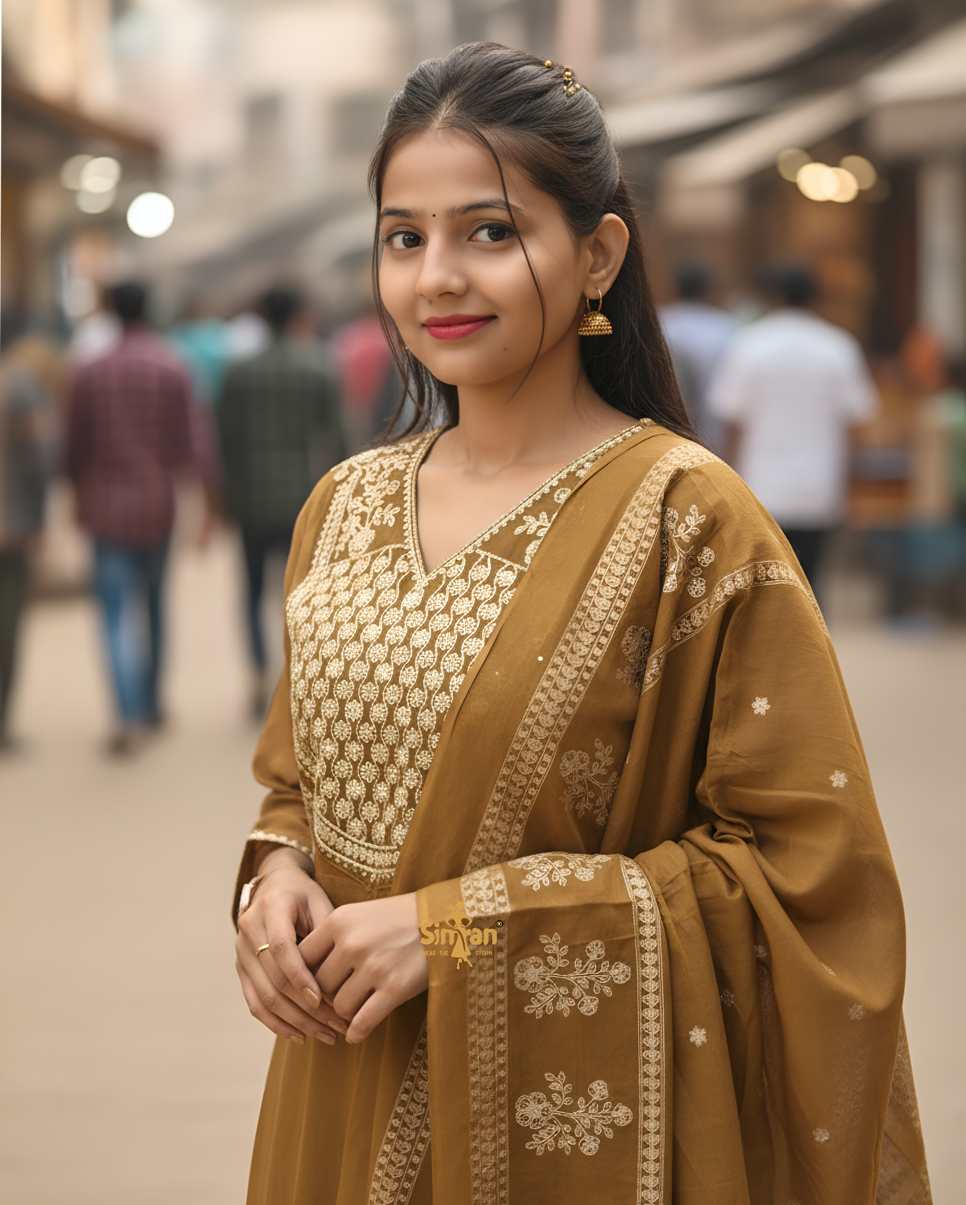 Flared Mulmul Cotton Kurti Pant Dupatta Set with Embroidery 014753