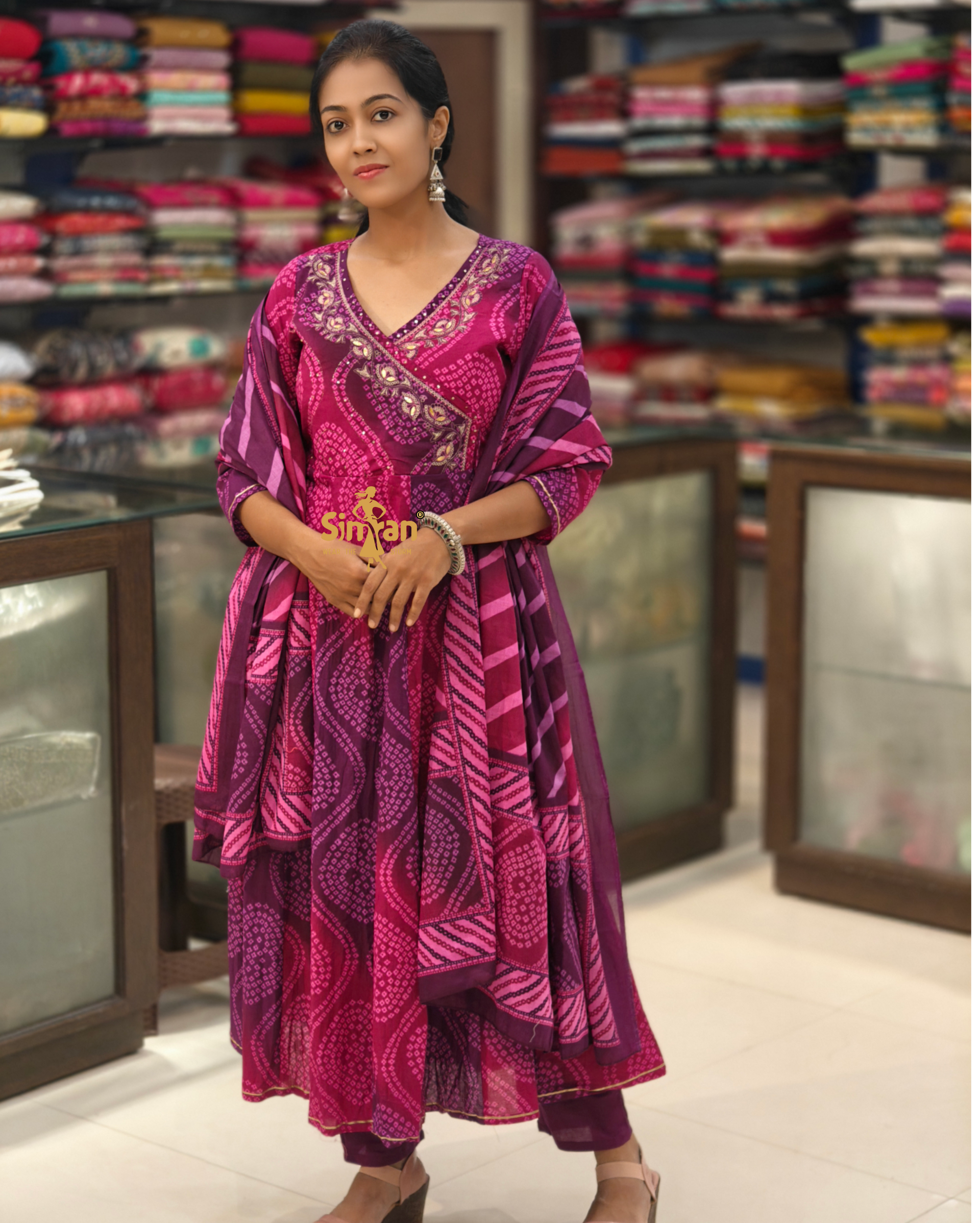 Flared Cotton Kurti Pant Dupatta Set – Bandhani Print | Angrakha Neck 014193