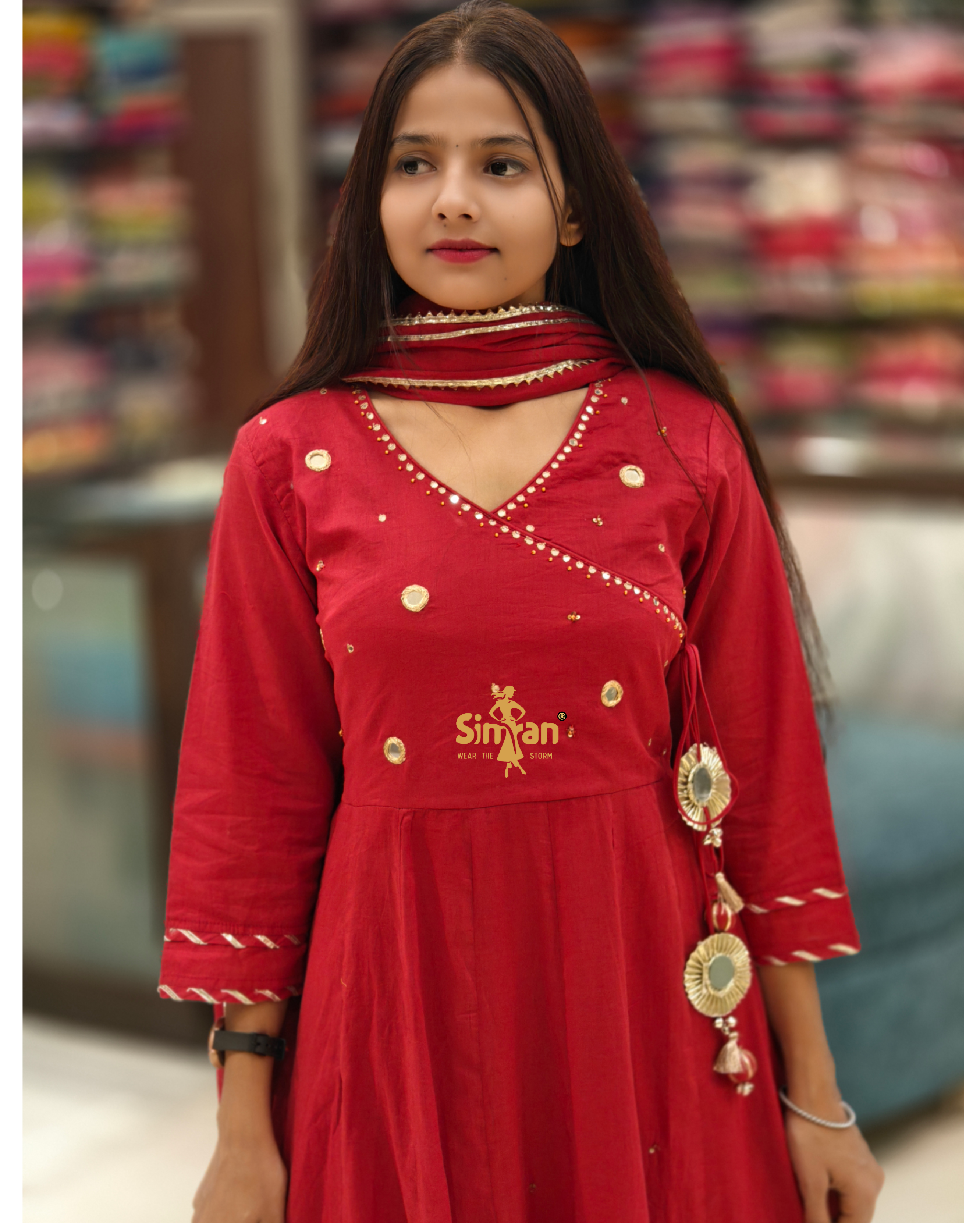 Flared Mulmul Cotton Kurti Pant Dupatta Set with Embroidery 014523