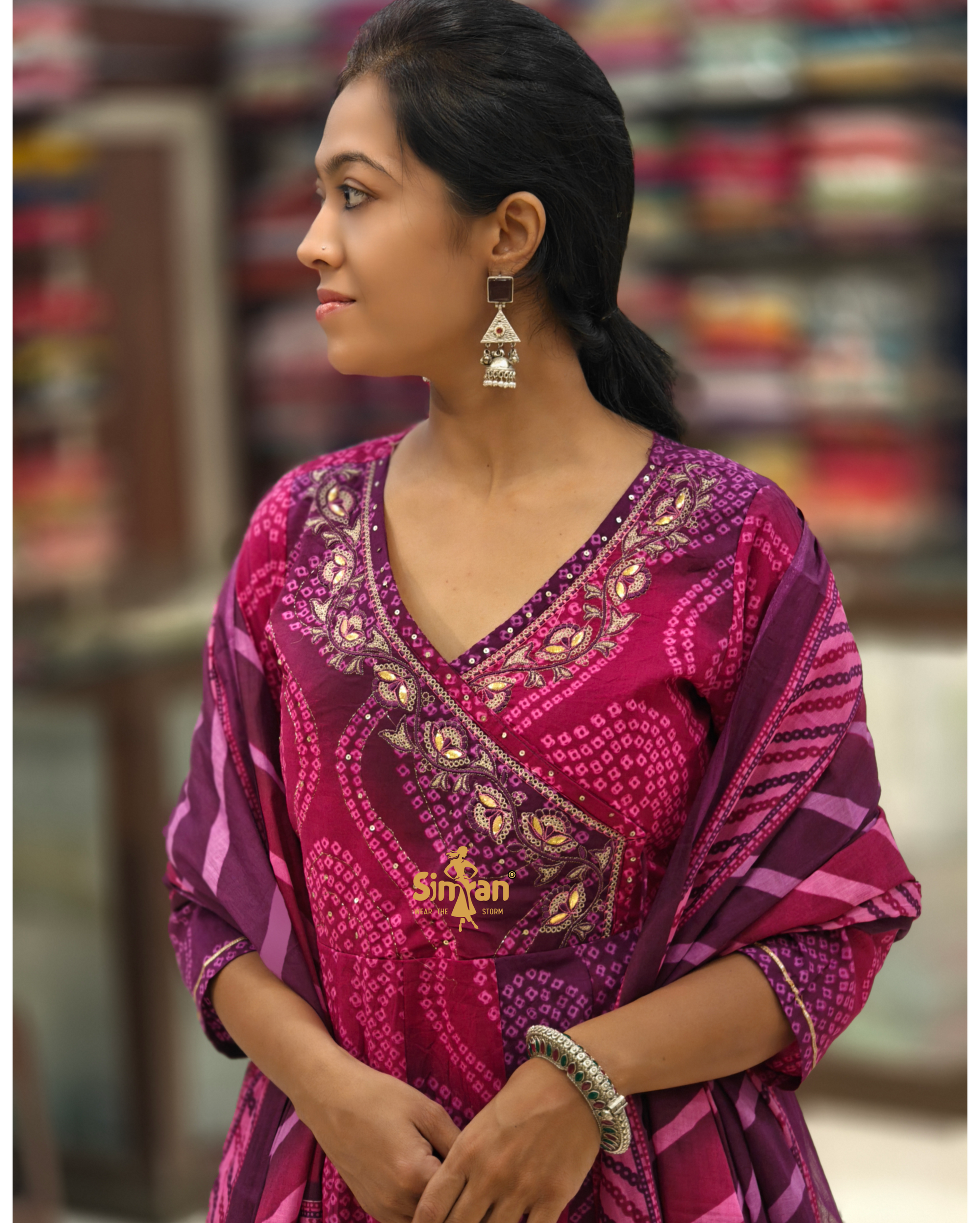 Flared Cotton Kurti Pant Dupatta Set – Bandhani Print | Angrakha Neck 014193