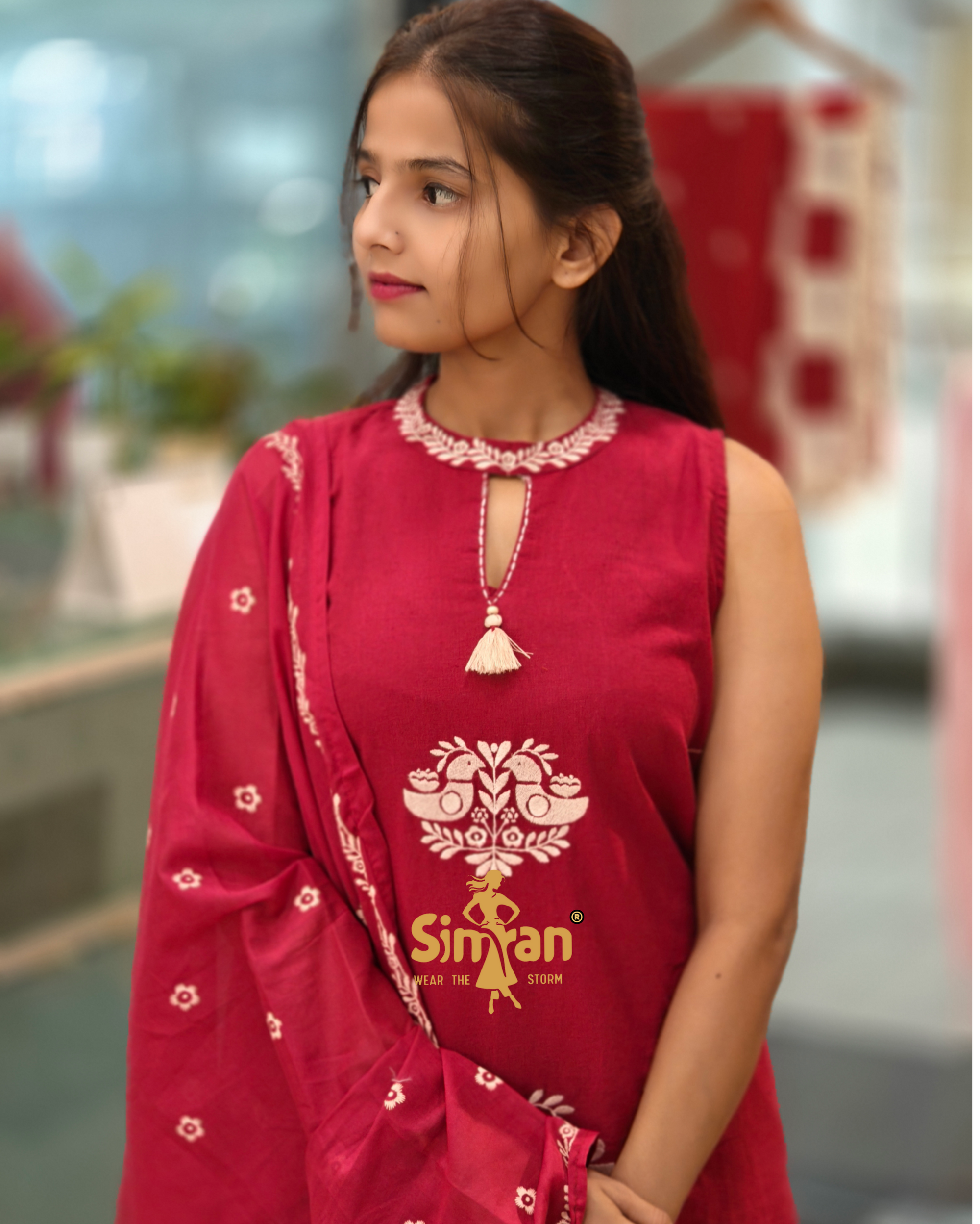 Linen Cotton Sleeveless Kurti Pant Dupatta Set 013965