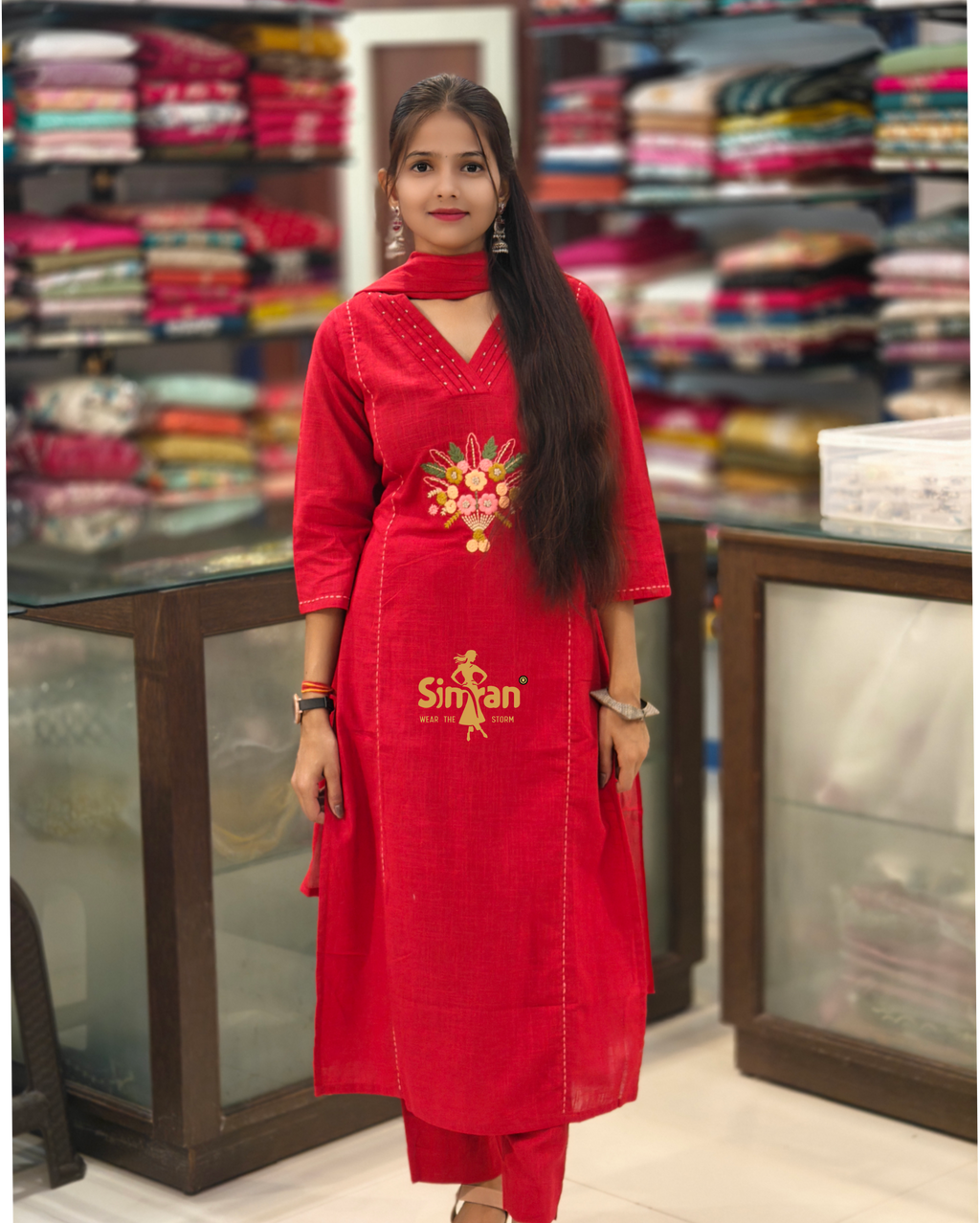 A-Line Pure Cotton  Kurti Pant Dupatta Set 014402