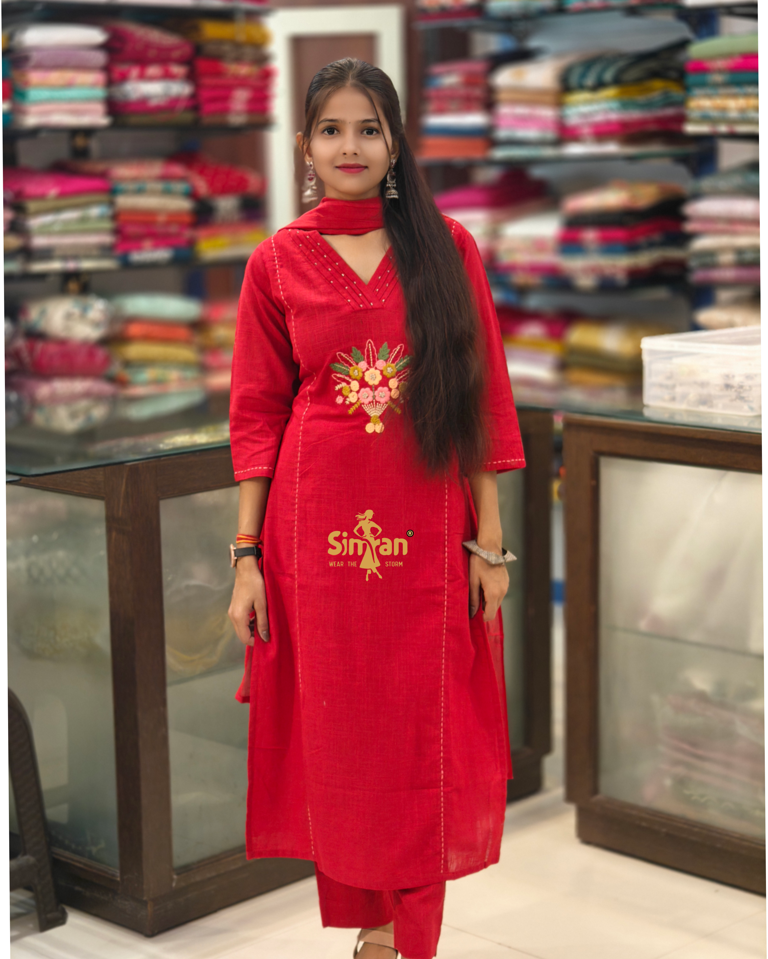 A-Line Pure Cotton  Kurti Pant Dupatta Set 014402