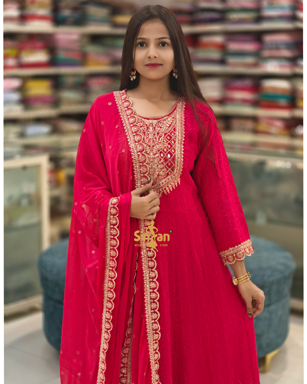 Georgette Flared Kurti Pant Dupatta Set 014129